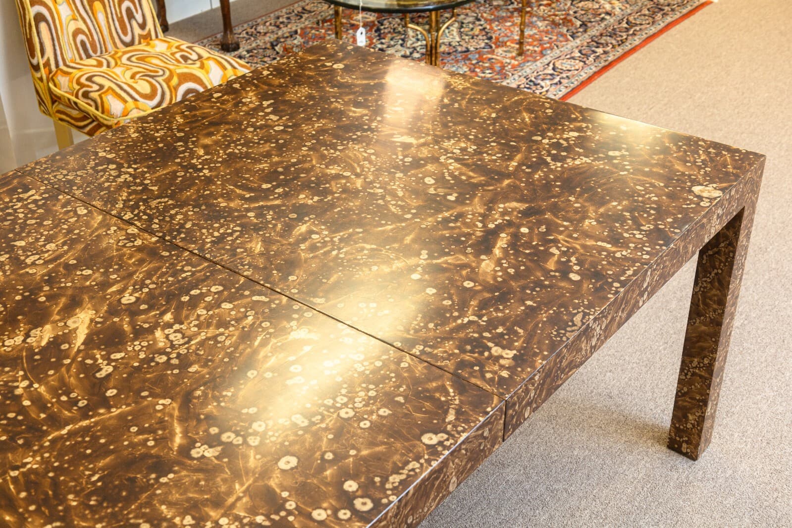Vintage 1970s Burlwood Style Brown Laminate Parsons Dining Table with Leaves - Thumbnail 3