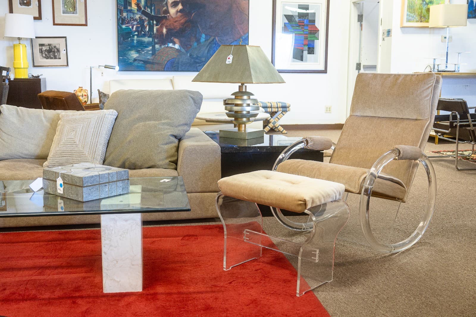 Vintage 1970s Charles Hollis Jones Velvet Lucite Rocking Chair and Ottoman - Thumbnail 2