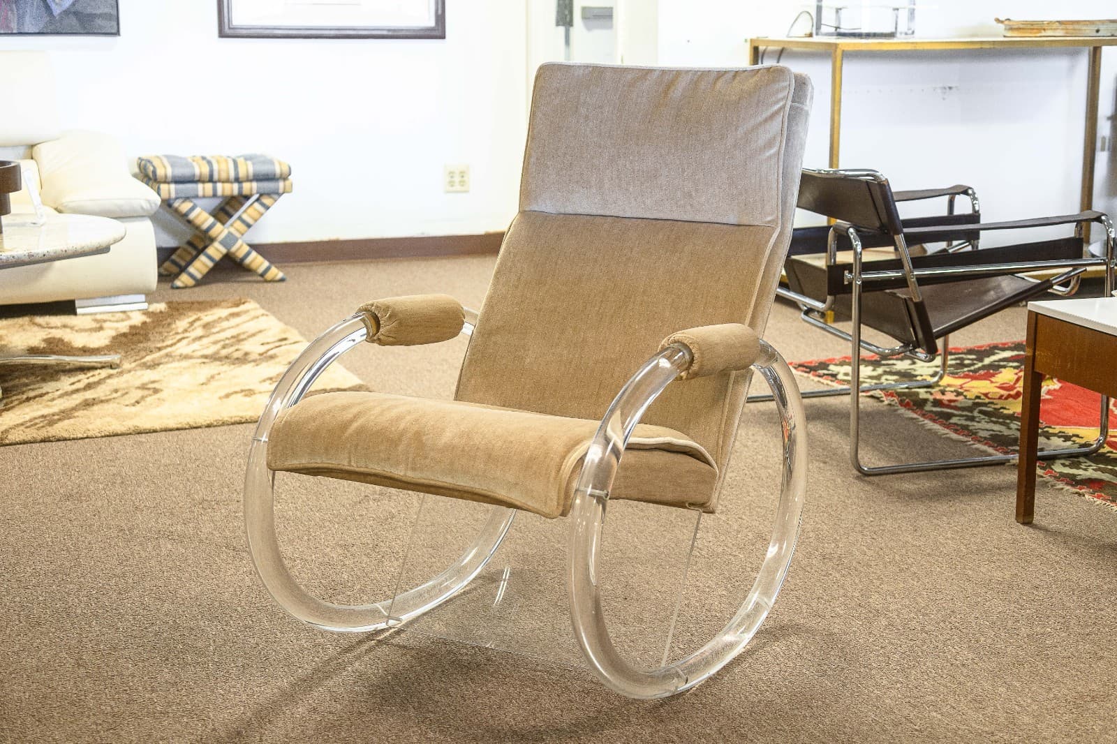 Vintage 1970s Charles Hollis Jones Velvet Lucite Rocking Chair and Ottoman - Thumbnail 3