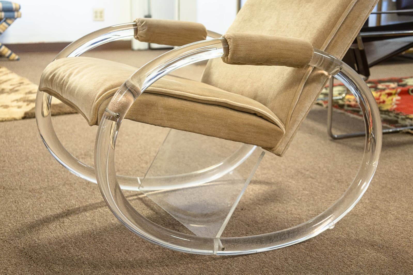 Vintage 1970s Charles Hollis Jones Velvet Lucite Rocking Chair and Ottoman - Thumbnail 9