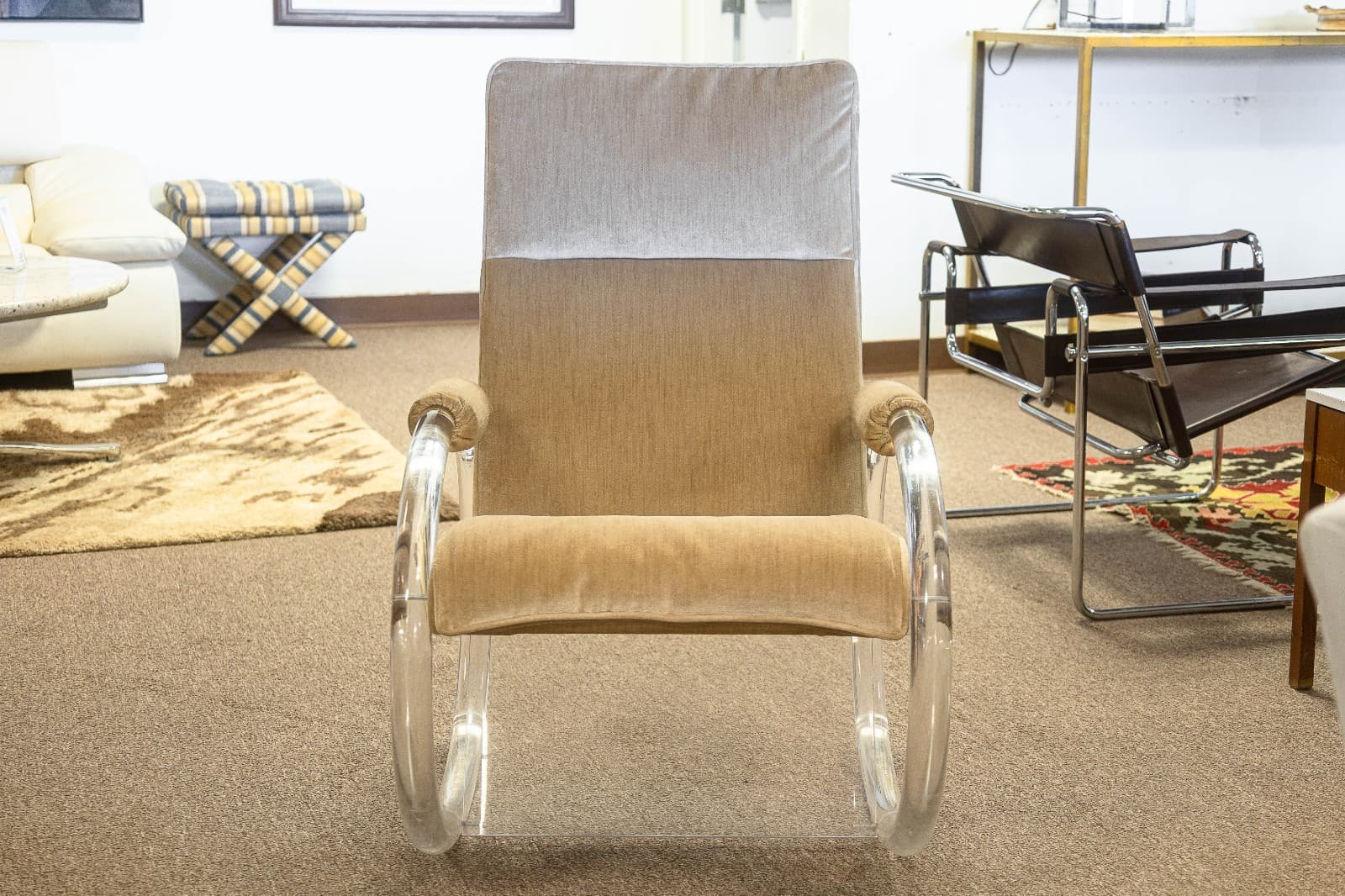 Vintage 1970s Charles Hollis Jones Velvet Lucite Rocking Chair and Ottoman - Thumbnail 4