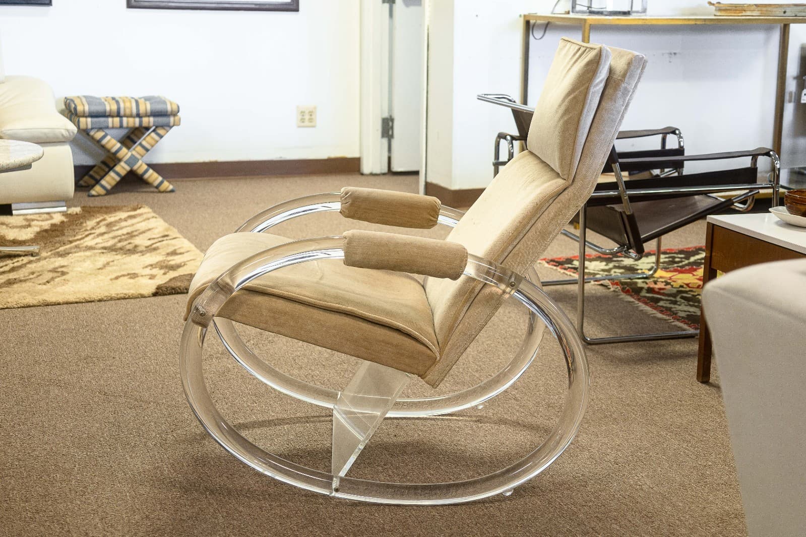 Vintage 1970s Charles Hollis Jones Velvet Lucite Rocking Chair and Ottoman - Thumbnail 5