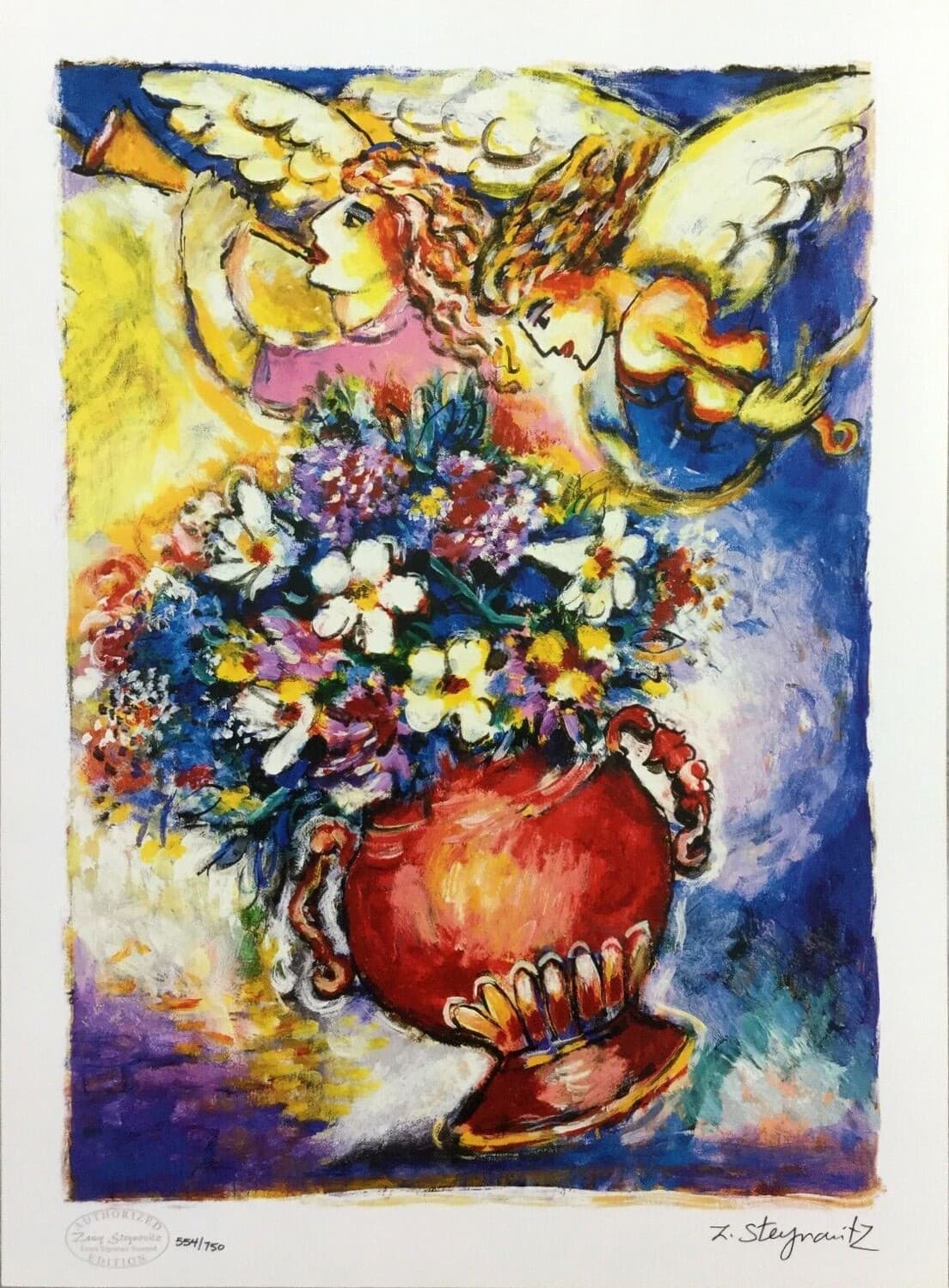 Modern Unframed Angels w Vase of Flowers Zamy Steynovitz Signed Seriolithograph