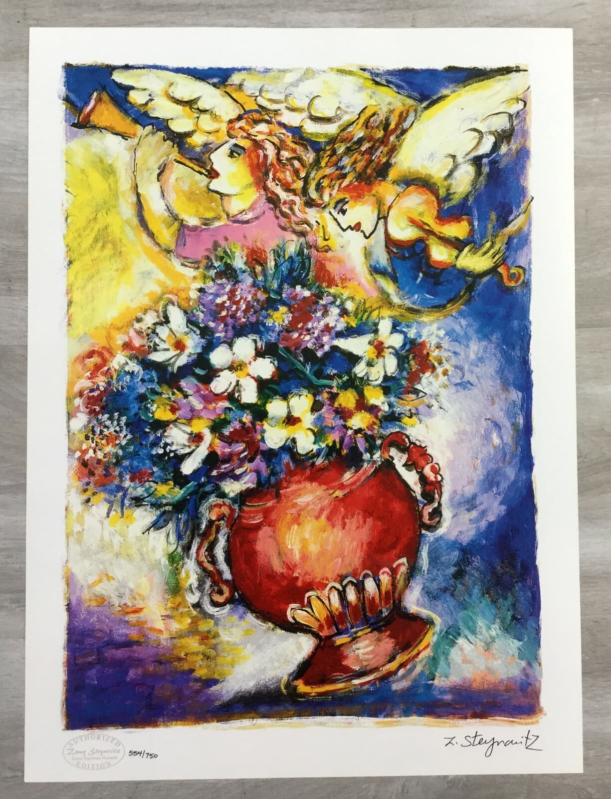 Modern Unframed Angels w Vase of Flowers Zamy Steynovitz Signed Seriolithograph - Thumbnail 2