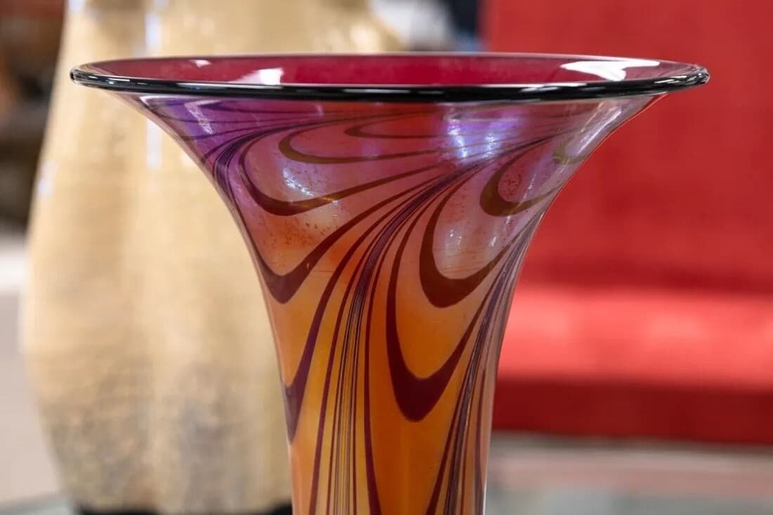 Rick Strini Signed Modern Contemporary Orange Red and Black Blown Glass Vase '92 - Thumbnail 3