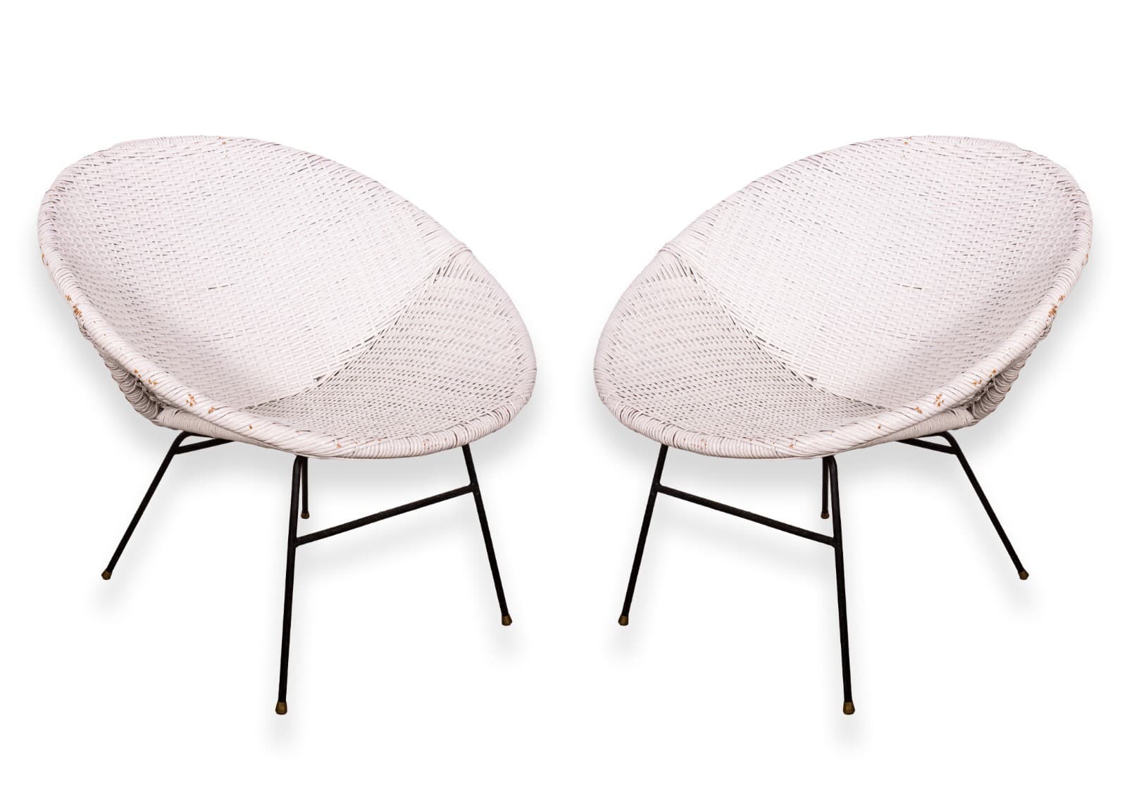 Mid Century Modern Pair of White Scoop Rattan Chairs