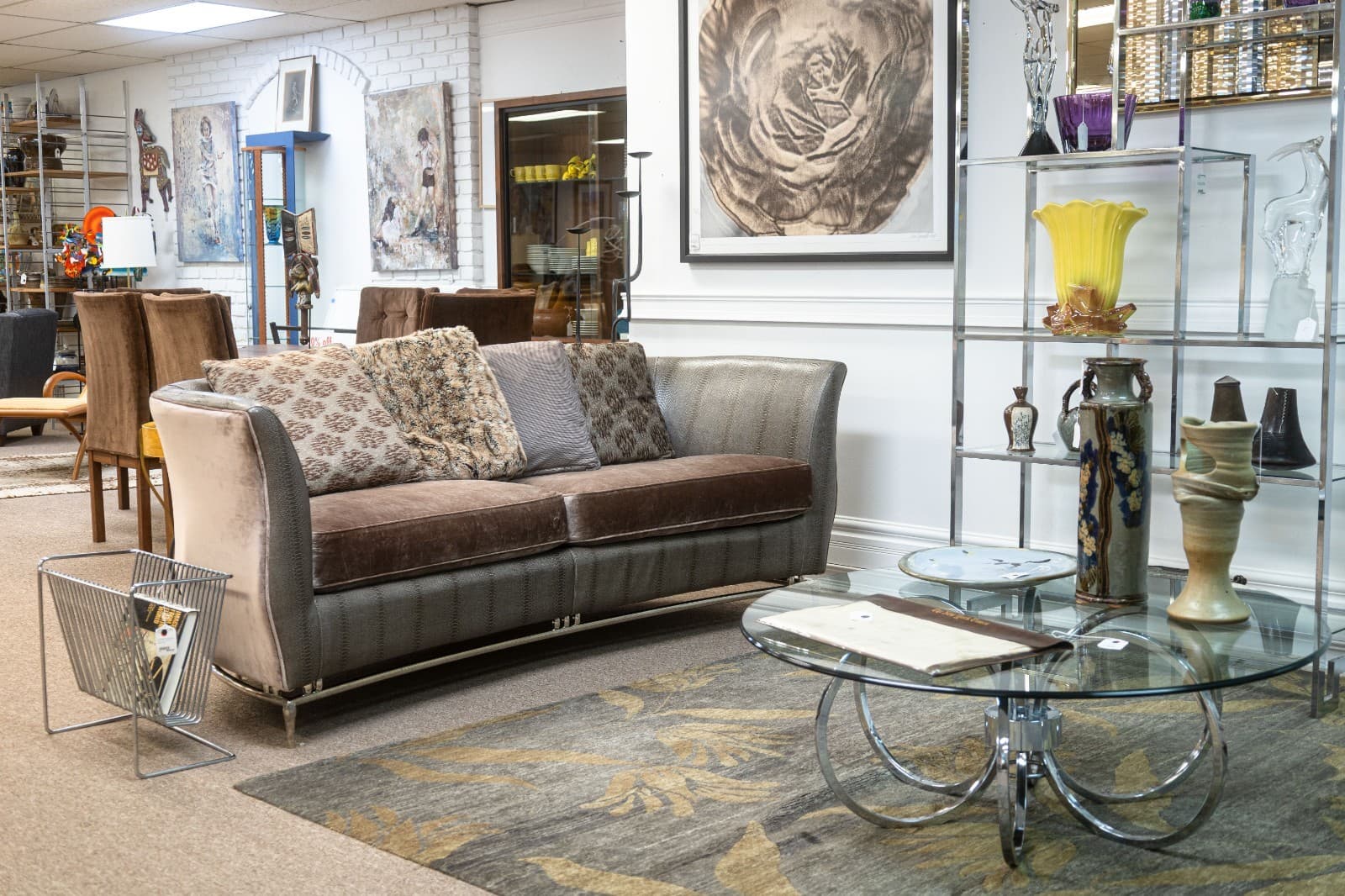 Custom Made Schnadig Furniture Faux Snake Skin & Dark Champagne Velvet Sofa - Thumbnail 2