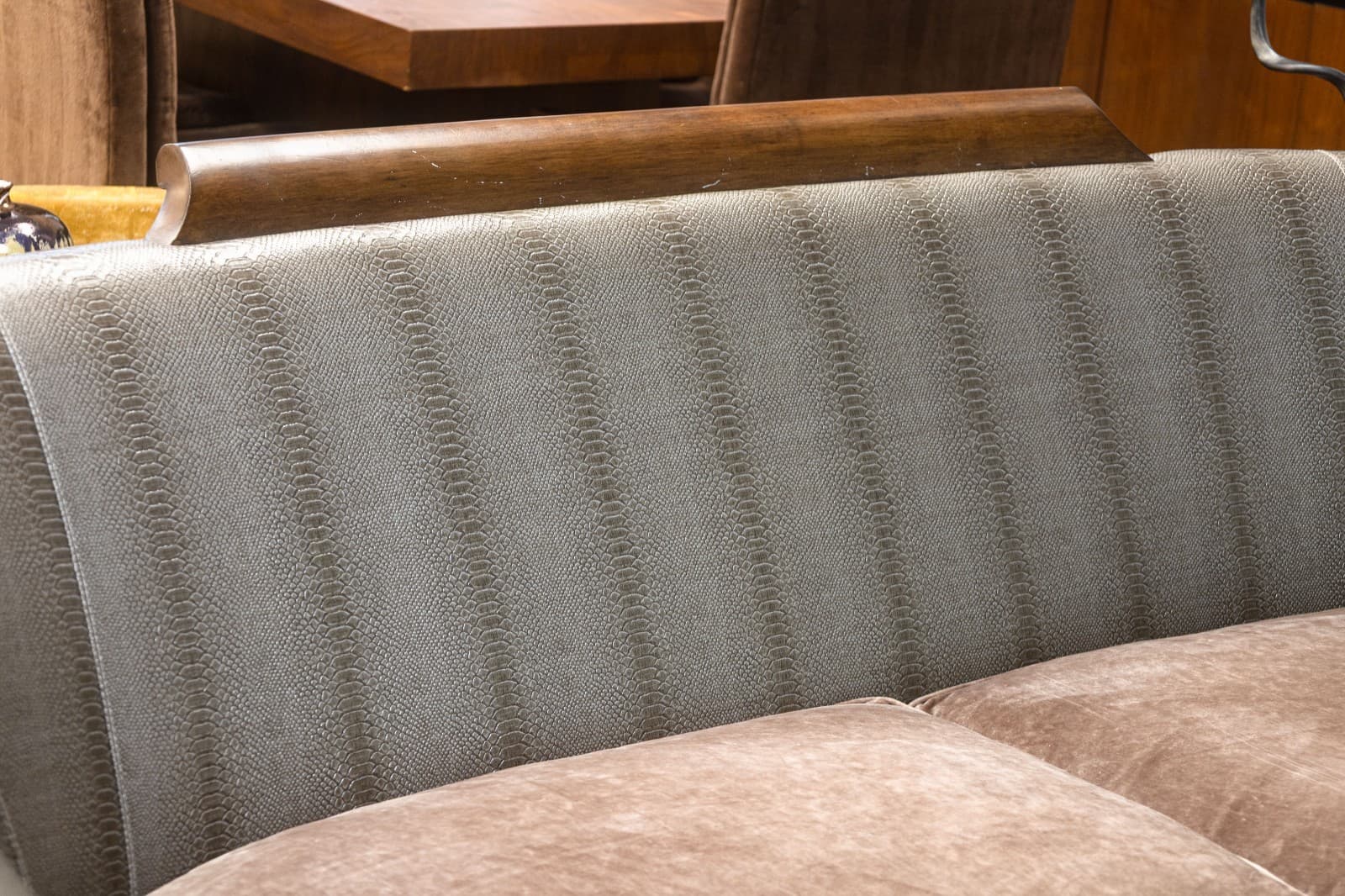 Custom Made Schnadig Furniture Faux Snake Skin & Dark Champagne Velvet Sofa - Thumbnail 3