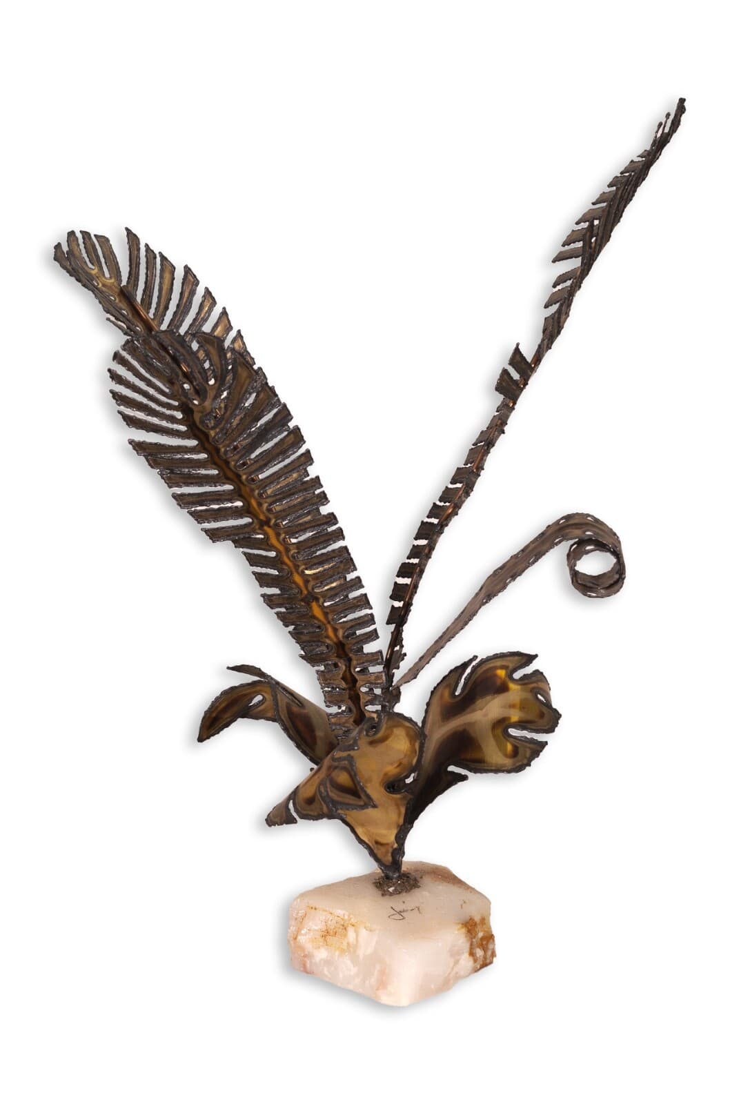 Curtis Jere Brass and Agate Palm Leaf Brutalist Mid Century Table Sculpture - Thumbnail 2