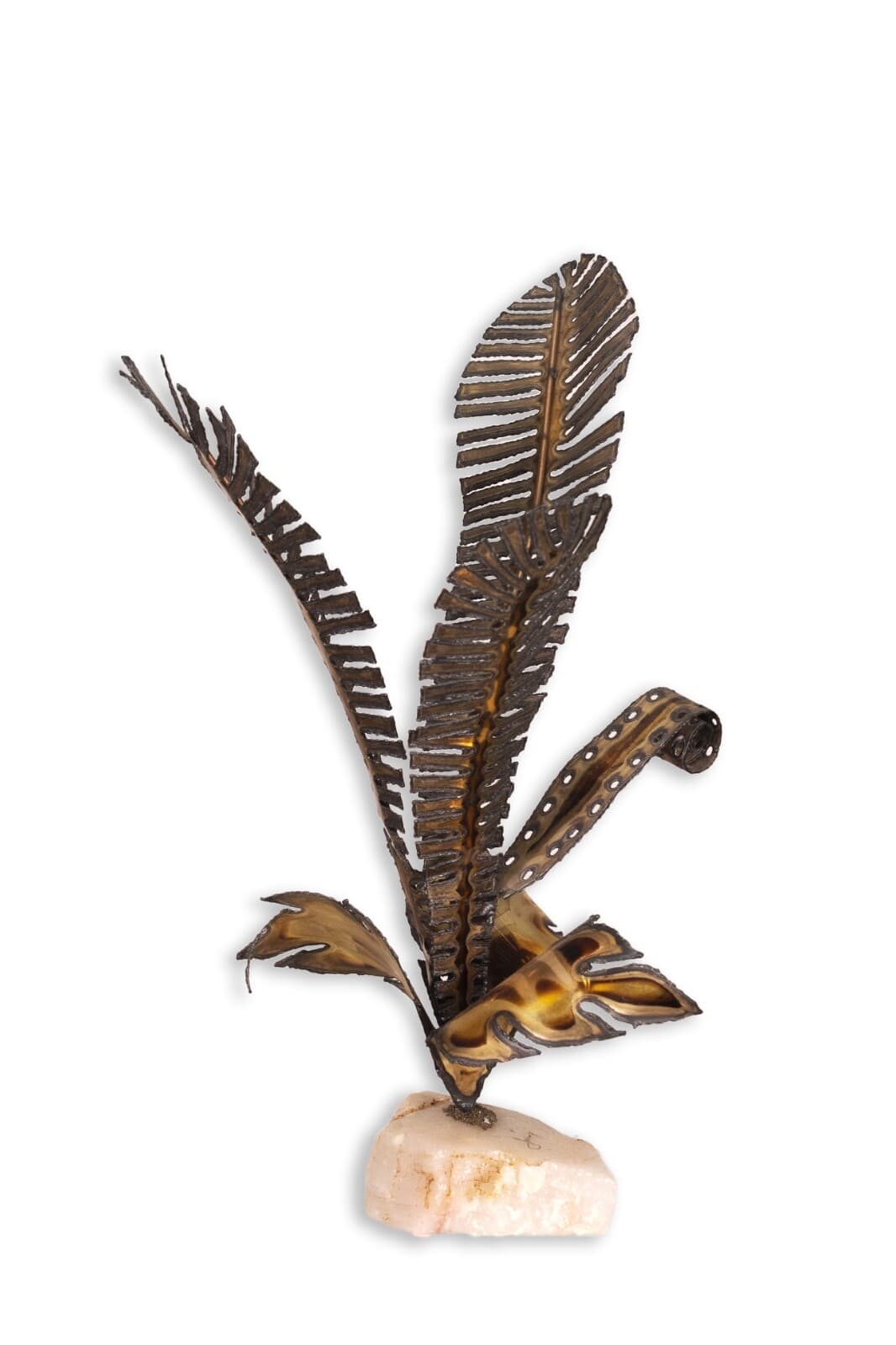 Curtis Jere Brass and Agate Palm Leaf Brutalist Mid Century Table Sculpture - Thumbnail 3
