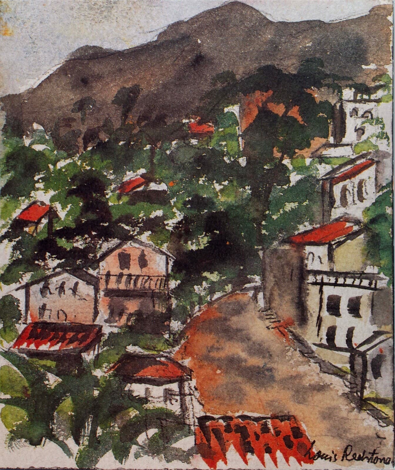 Louis Redstone Signed European Mountain Village Landscape Vintage Watercolor