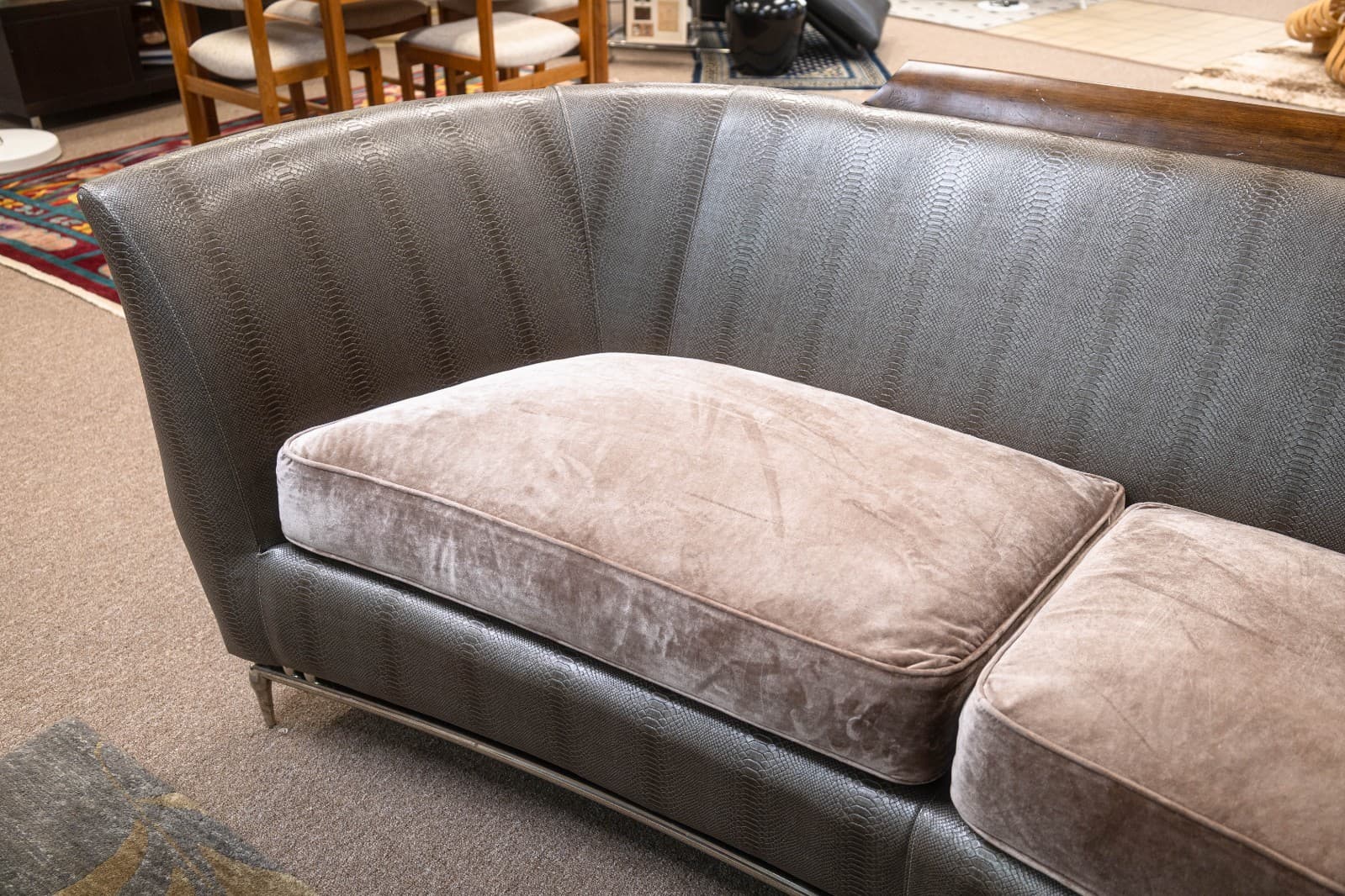 Custom Made Schnadig Furniture Faux Snake Skin & Dark Champagne Velvet Sofa - Thumbnail 5