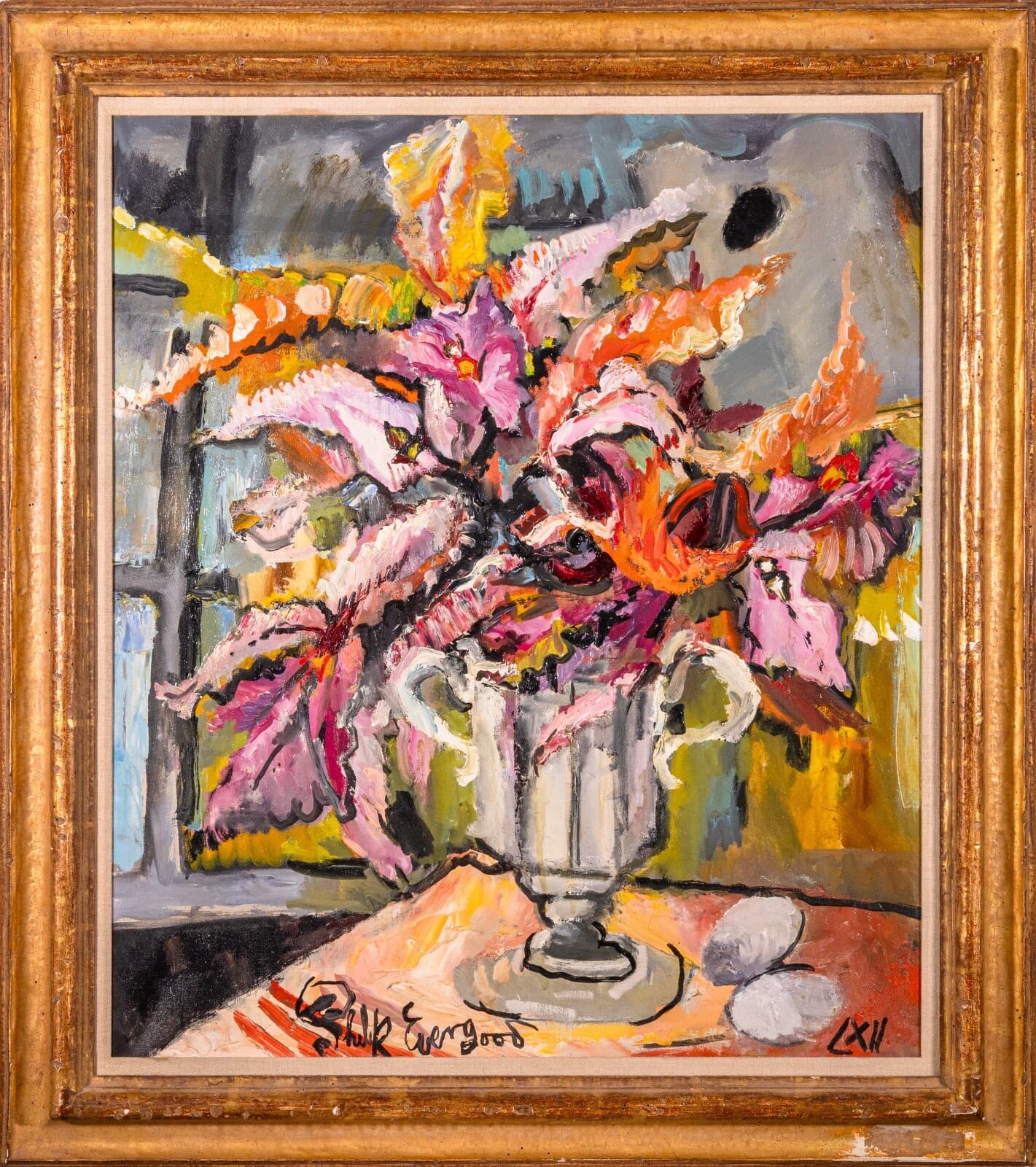 Philip Evergood Orchids in my Studio Signed Modern Expressive Oil Painting