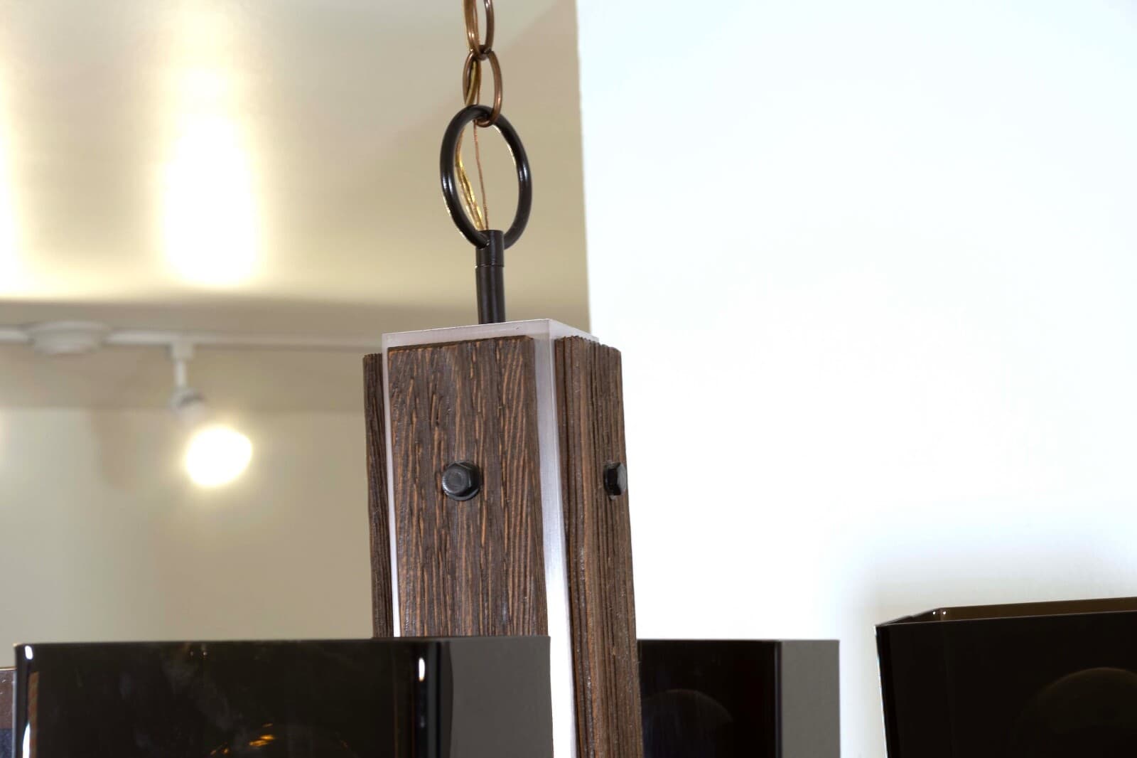 Sonneman Smoked Acrylic Wood and Metal Vintage Mid Mod Light Fixture Chandelier - Thumbnail 3