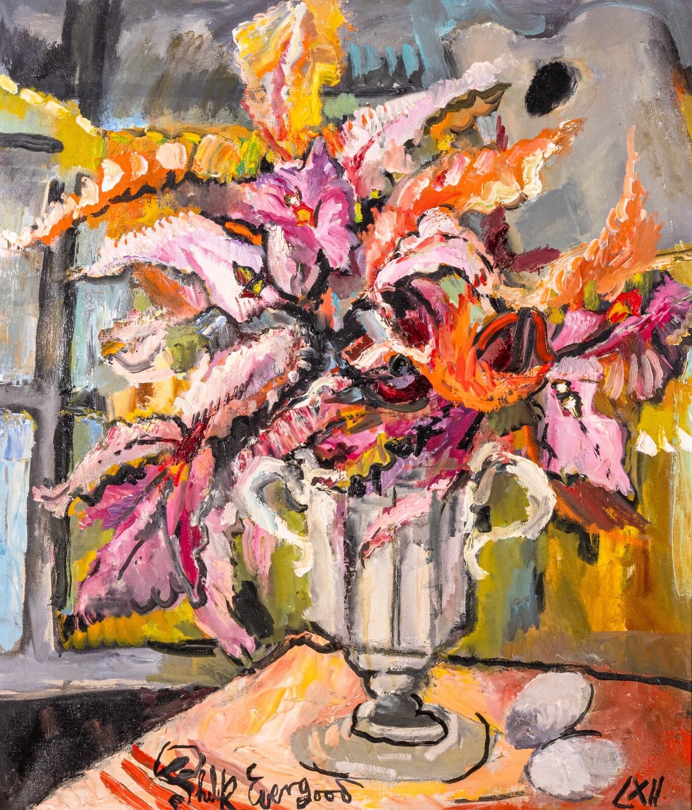 Philip Evergood Orchids in my Studio Signed Modern Expressive Oil Painting - Thumbnail 2