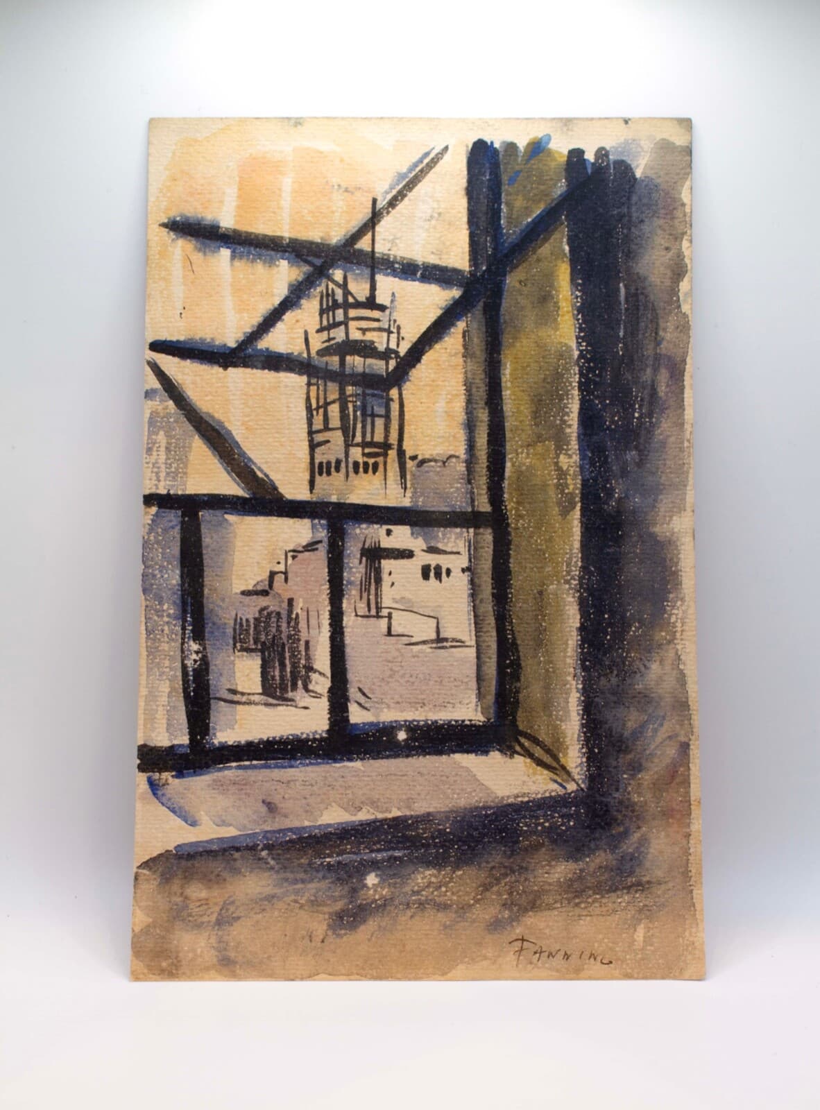 William S. Fanning Signed Architecture Through Window Modern Vintage Watercolor - Thumbnail 2