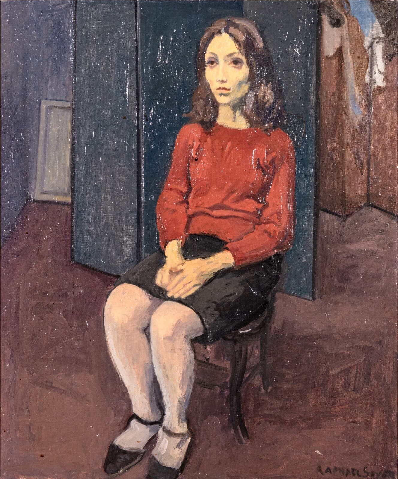 Raphael Soyer Seated Girl Signed Vintage Modern Figurative Original Oil Painting - Thumbnail 2