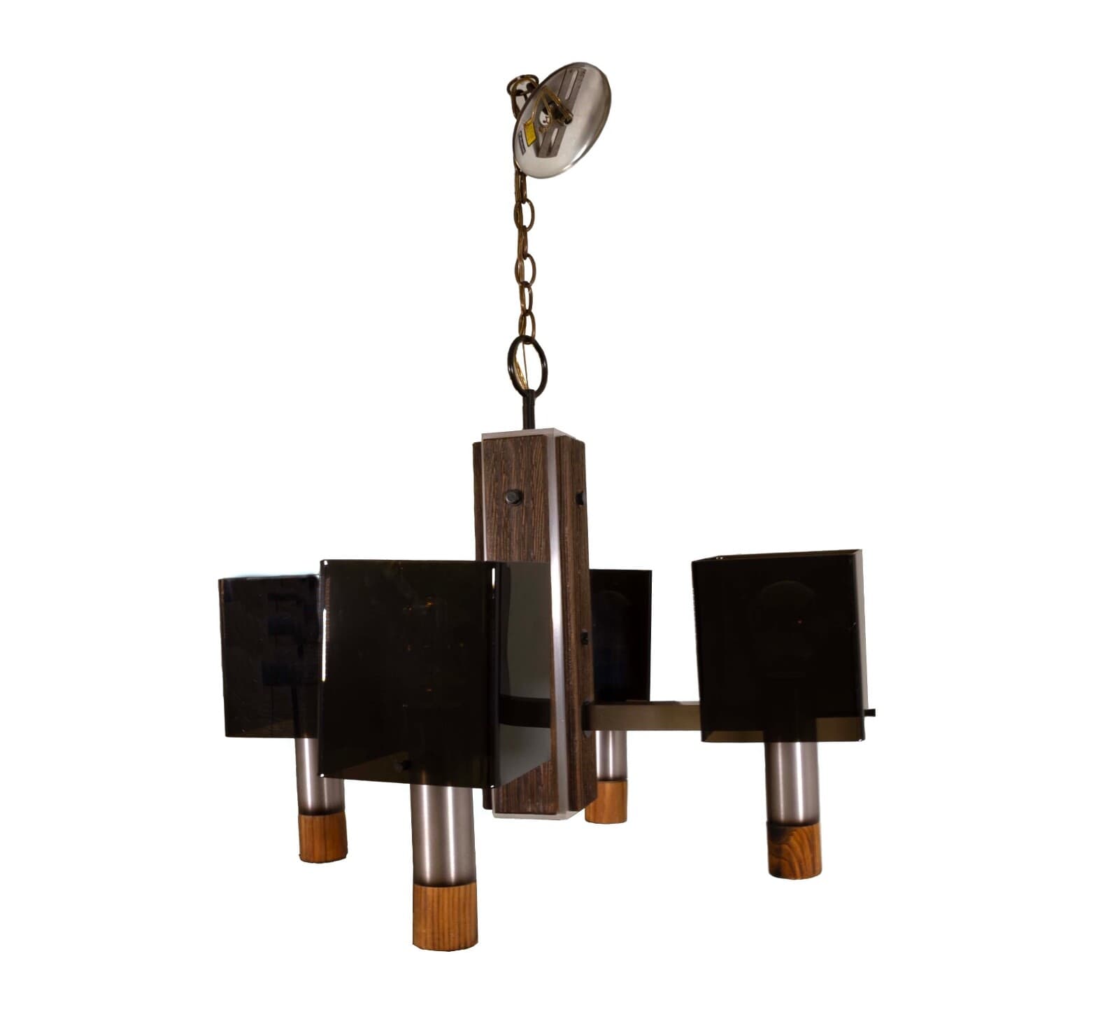 Sonneman Smoked Acrylic Wood and Metal Vintage Mid Mod Light Fixture Chandelier - Thumbnail 2