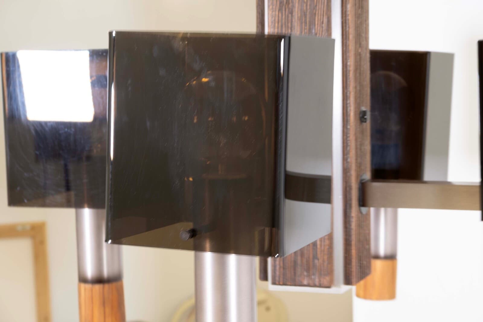 Sonneman Smoked Acrylic Wood and Metal Vintage Mid Mod Light Fixture Chandelier - Thumbnail 5