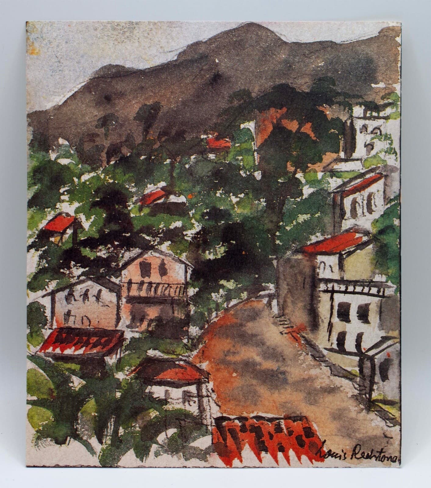 Louis Redstone Signed European Mountain Village Landscape Vintage Watercolor - Thumbnail 2
