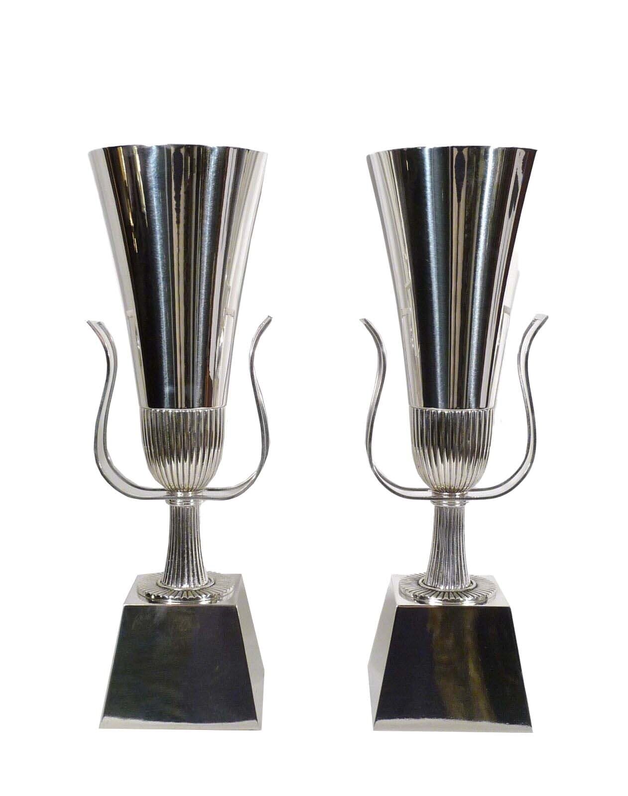 Mid Century Pair of Tommi Parzinger Lightolier Silver Plated Torchiere Lamps