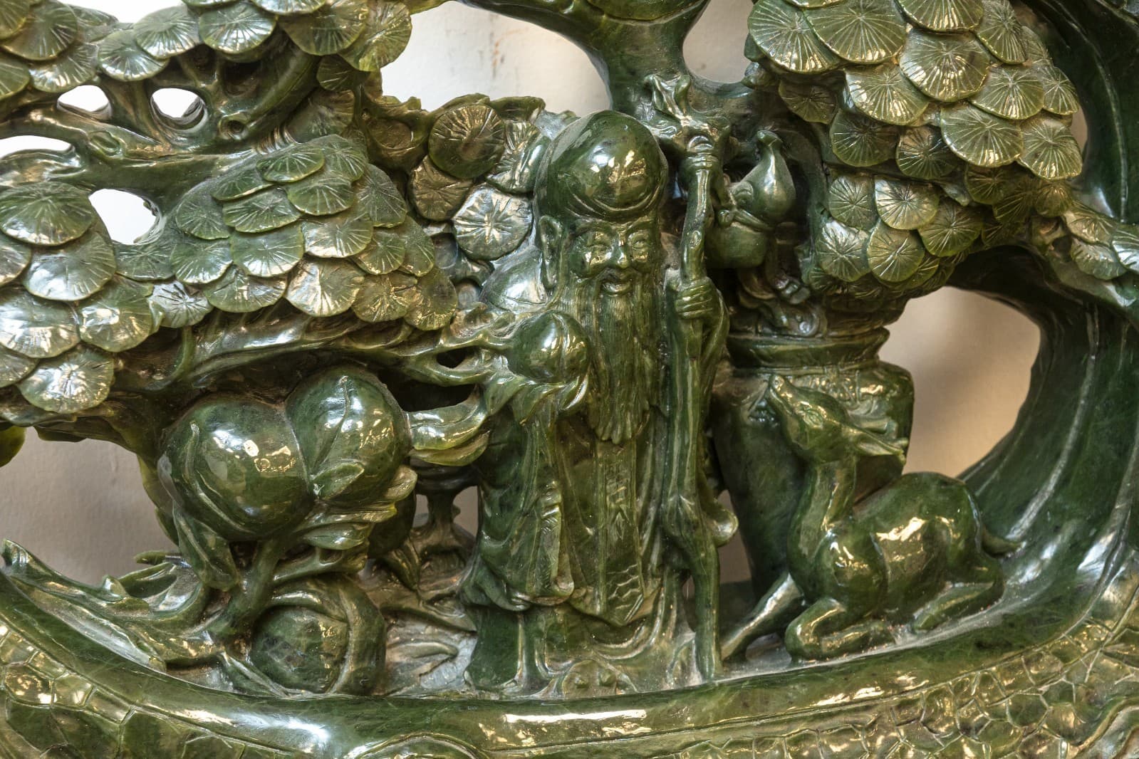 Chinese Carved Jade Sculpture with Shou Lao, Deer, and Dragon Base 36” - Thumbnail 3