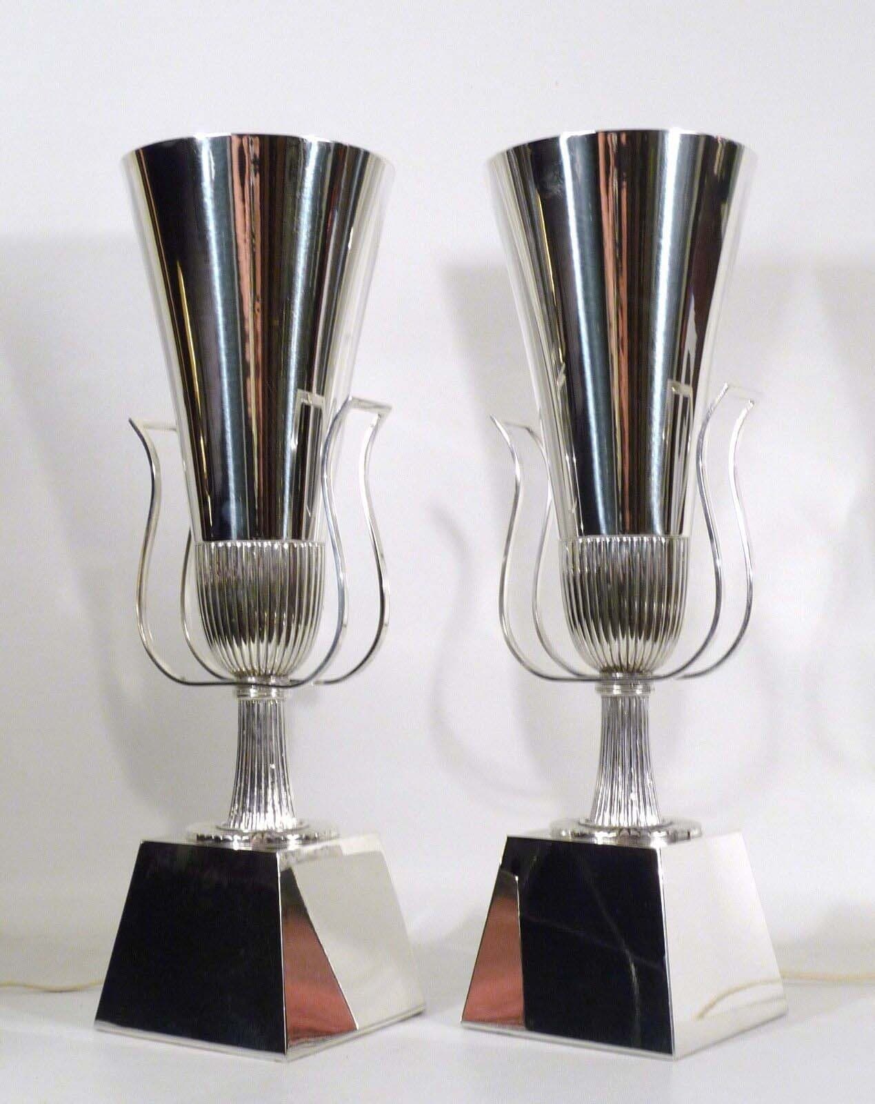 Mid Century Pair of Tommi Parzinger Lightolier Silver Plated Torchiere Lamps - Thumbnail 2