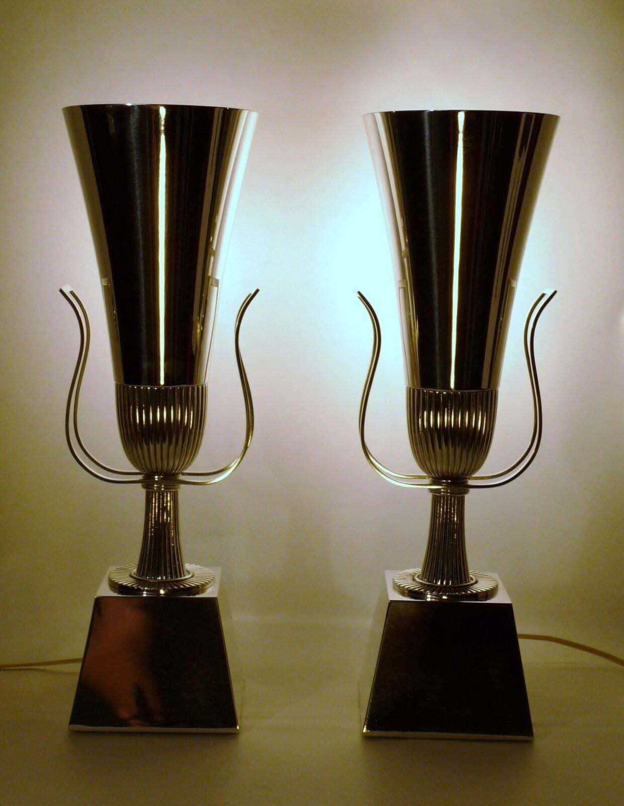 Mid Century Pair of Tommi Parzinger Lightolier Silver Plated Torchiere Lamps - Thumbnail 5