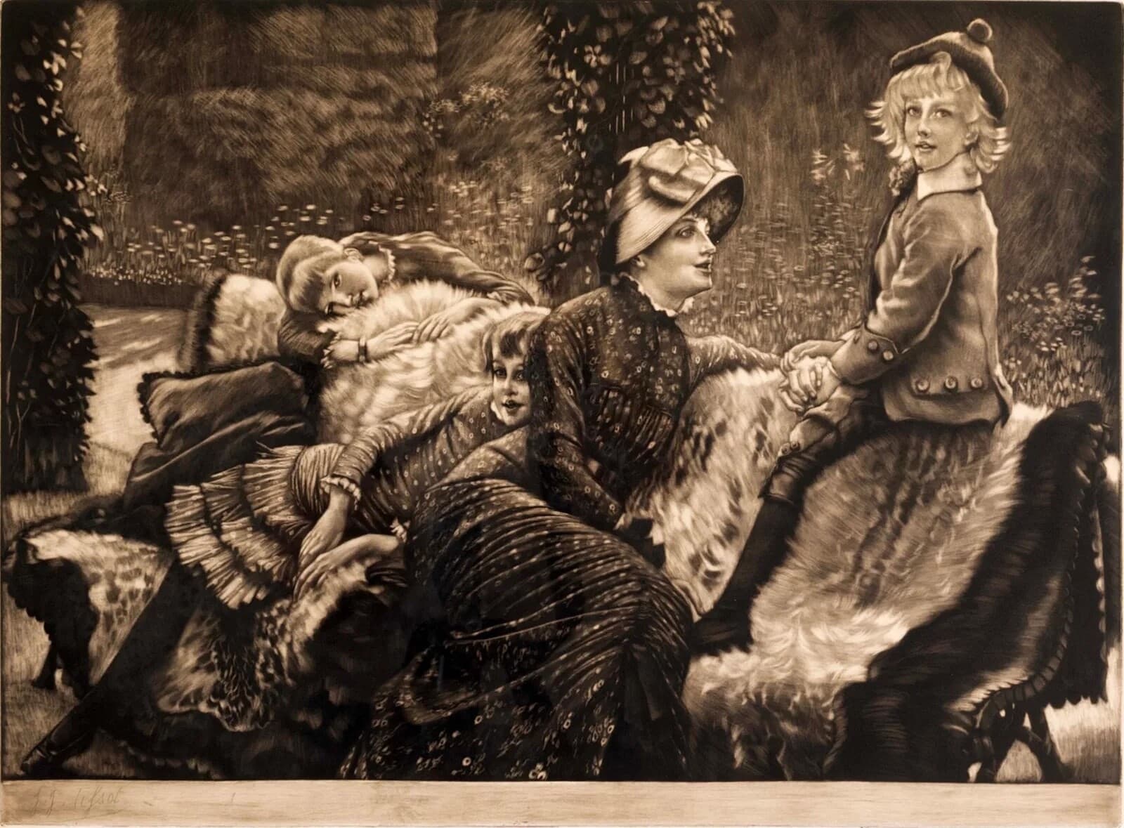 James Tissot Le Banc de Jardin Mezzotint Etching on Paper Beraldi 66 Edition - Thumbnail 2