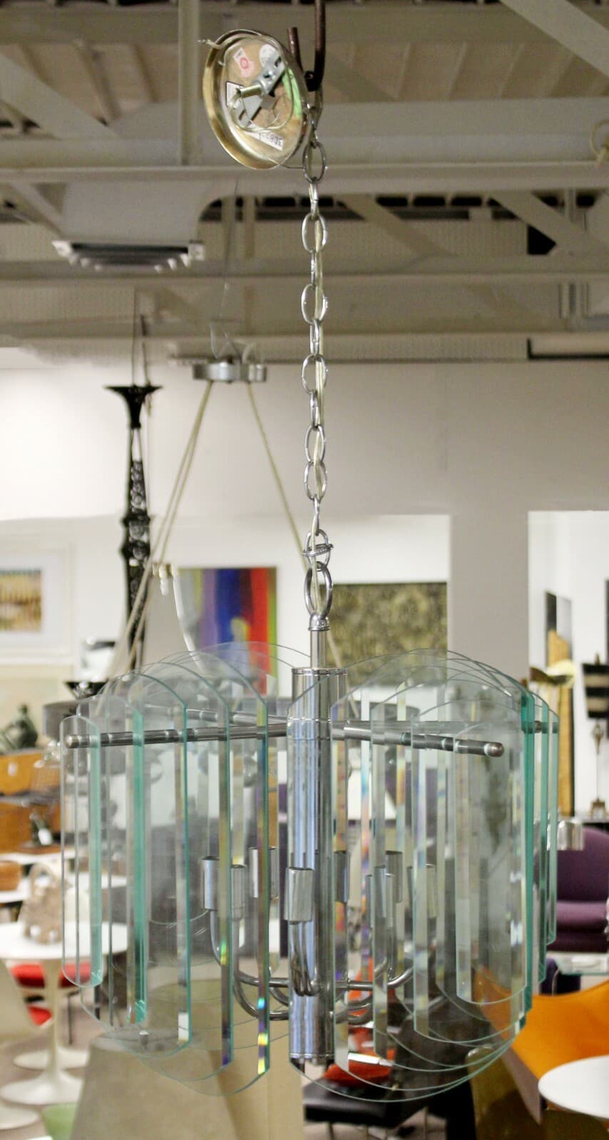 Contemporary Tiered Glass & Chrome Chandelier by Forecast Lighting Co. 80s - Thumbnail 3