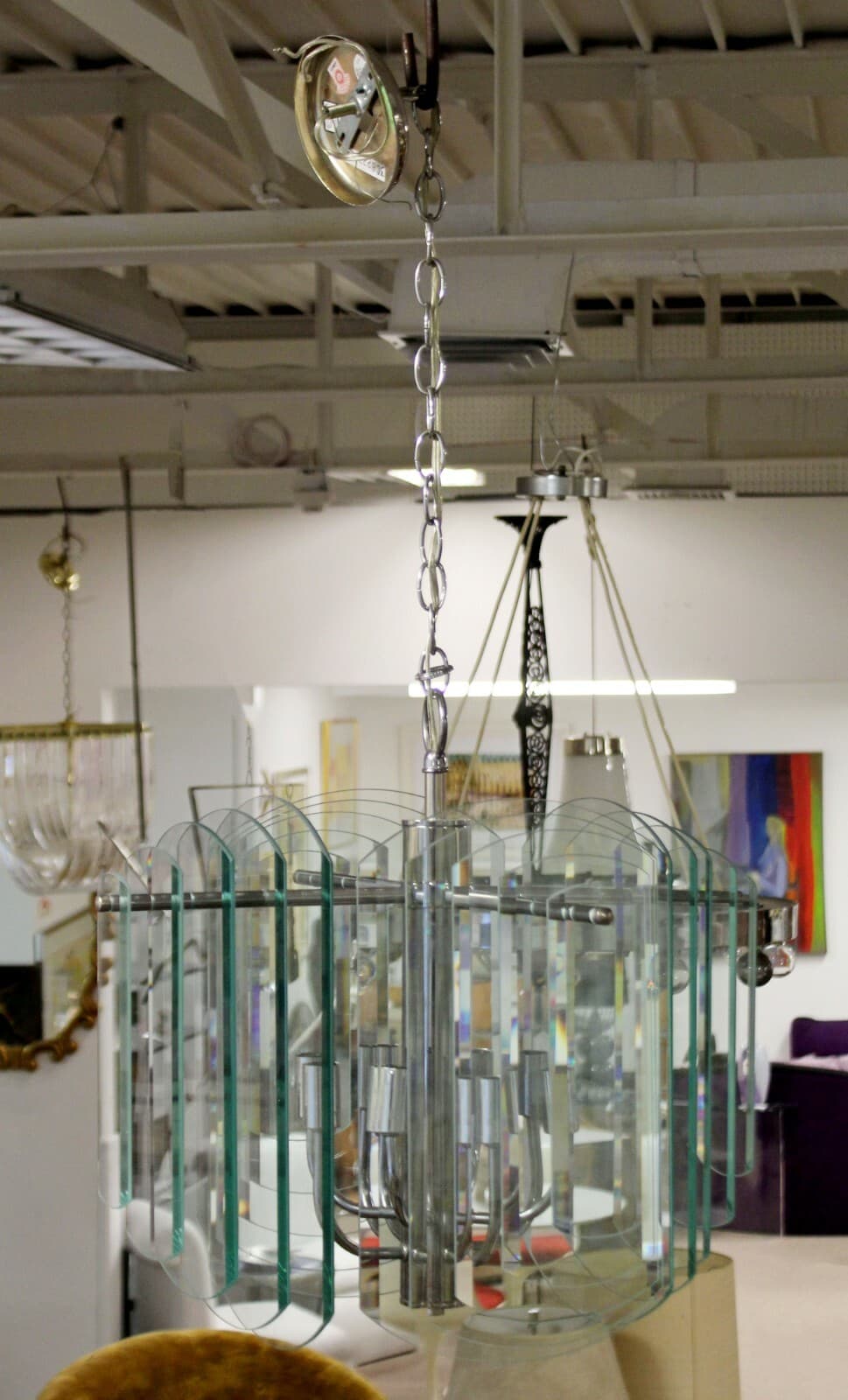 Contemporary Tiered Glass & Chrome Chandelier by Forecast Lighting Co. 80s - Thumbnail 4