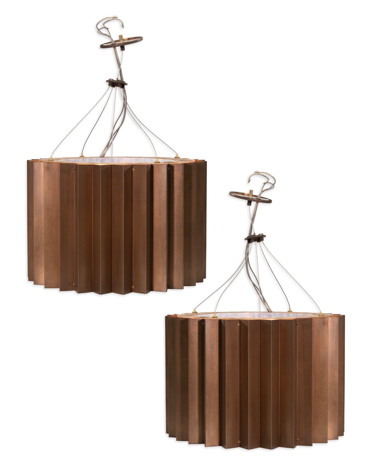 Pair Of Michael McEwen "Gear Suspension" Bronze Finished Chandeliers