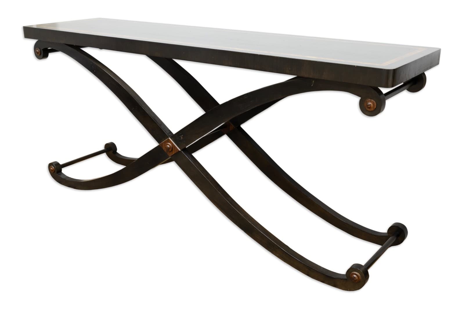 Large Rectangular Curved Wood Console Table With Cross Legs
