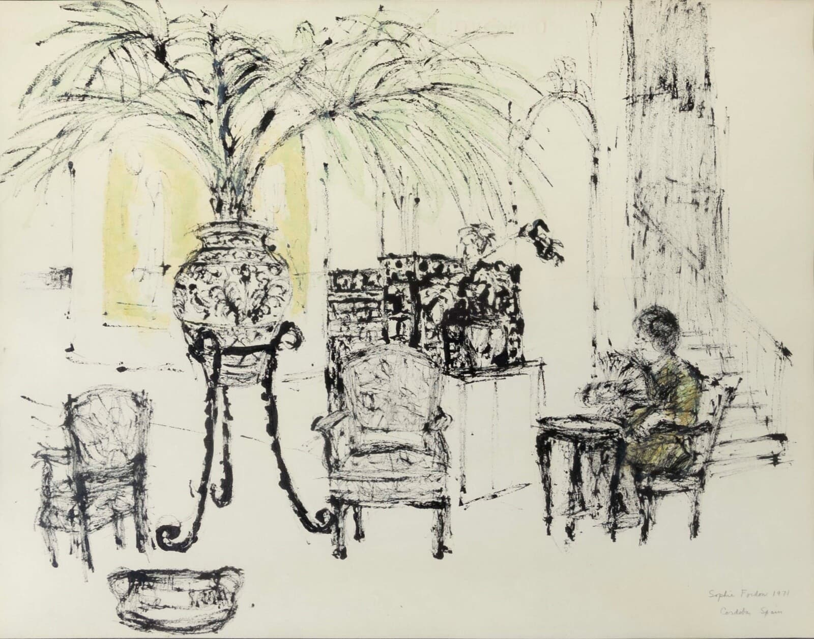 Sophie Fordon Cordoba Spain 1971 Signed Modernist Watercolor Drawing Framed - Thumbnail 3