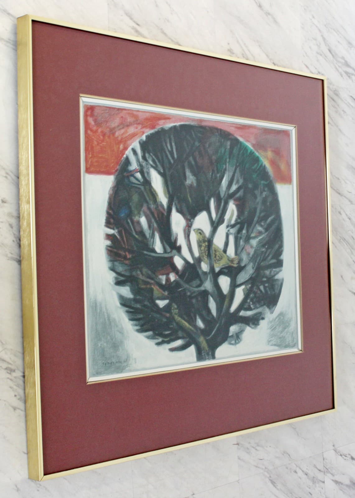 Mid Century Modern Framed Drawing Signed Aldo Londino Dated 1960s Bird in Tree - Thumbnail 3