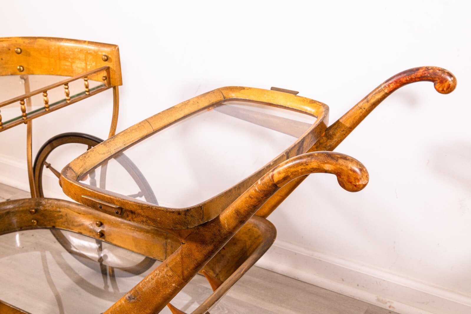 Aldo Tura Goat Skin Brass Bar Serving Cart Vintage 1950s Mid Century Modern - Thumbnail 2