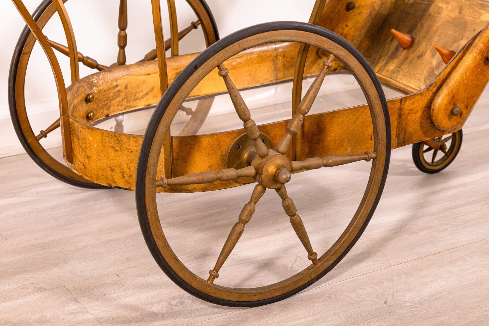 Aldo Tura Goat Skin Brass Bar Serving Cart Vintage 1950s Mid Century Modern - Thumbnail 6