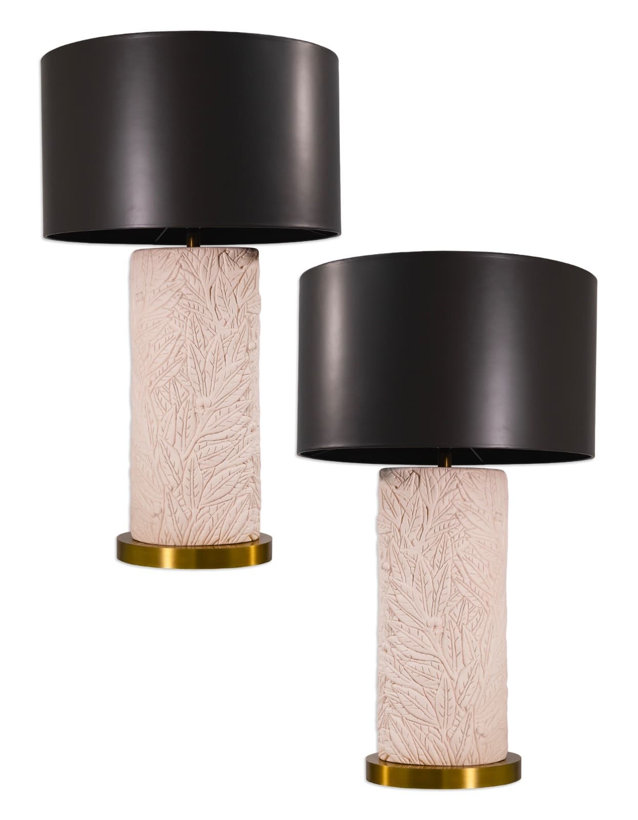 Pair Of Pink Ceramic Flower And Leaf Motif Table Lamps With Vinyl Shades