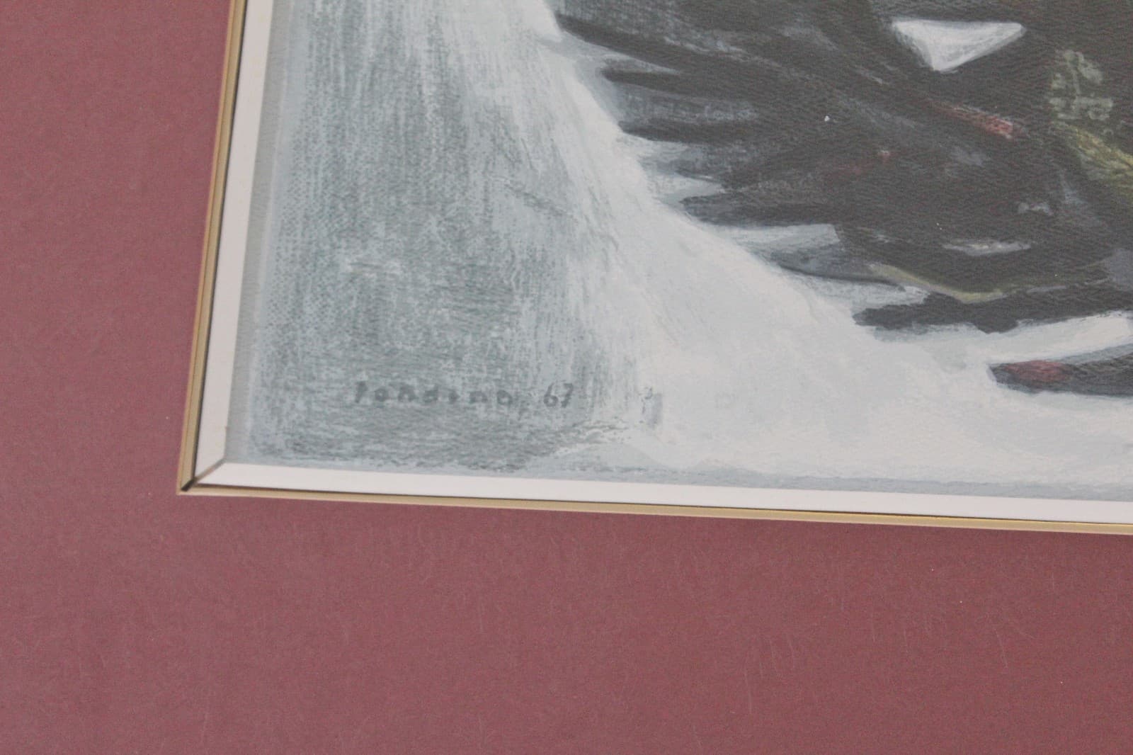 Mid Century Modern Framed Drawing Signed Aldo Londino Dated 1960s Bird in Tree - Thumbnail 5