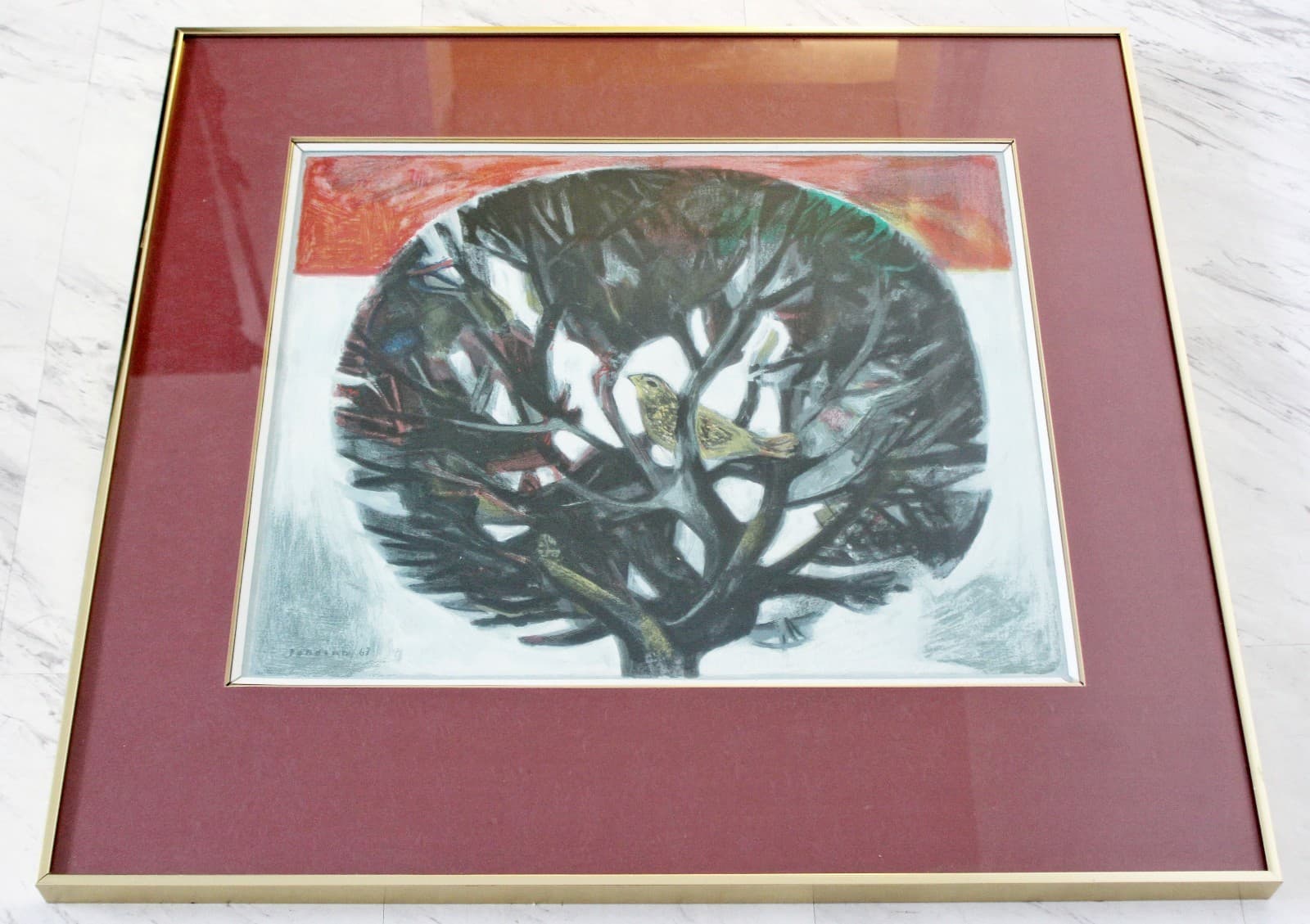 Mid Century Modern Framed Drawing Signed Aldo Londino Dated 1960s Bird in Tree - Thumbnail 2