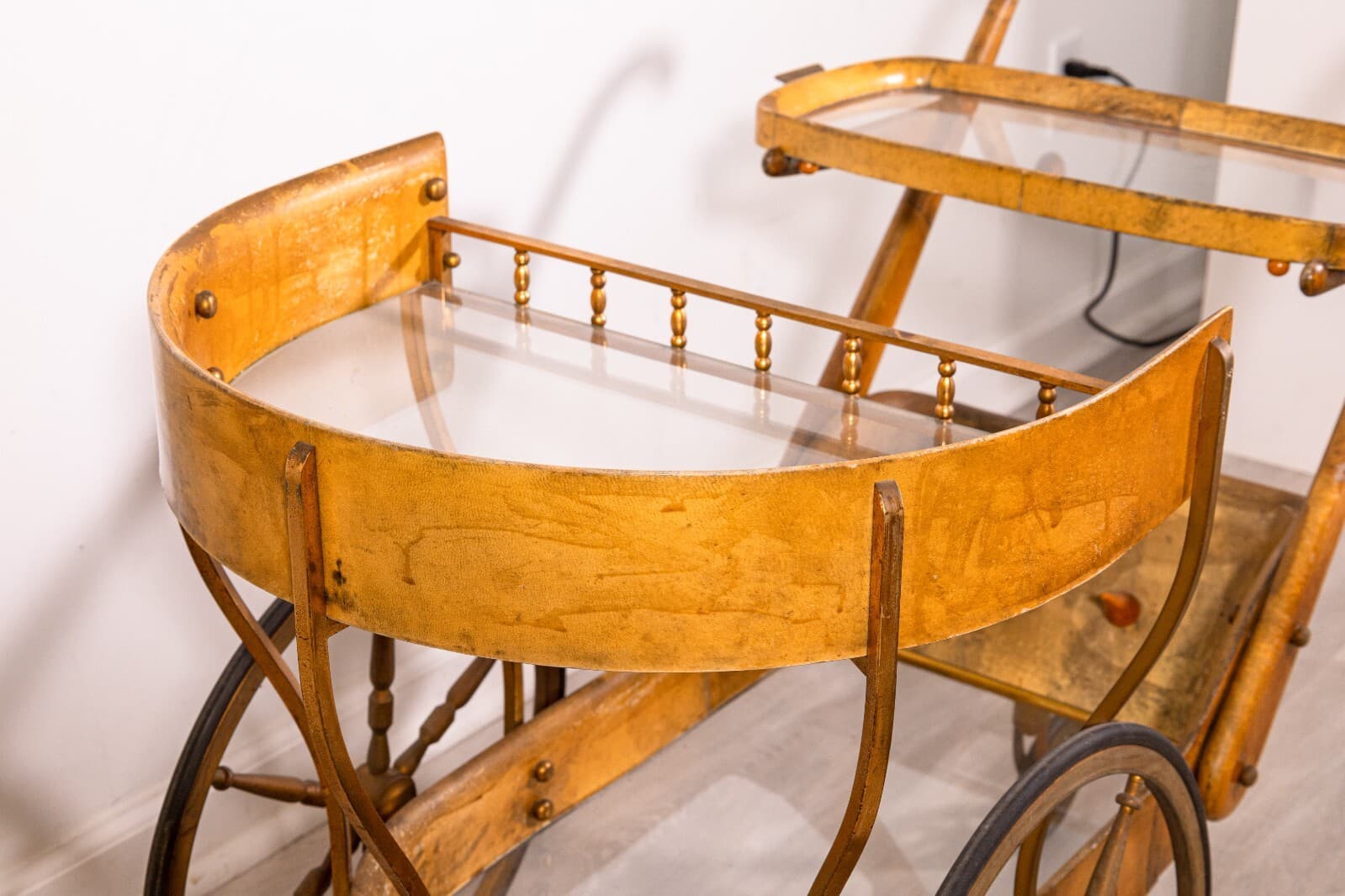 Aldo Tura Goat Skin Brass Bar Serving Cart Vintage 1950s Mid Century Modern - Thumbnail 5