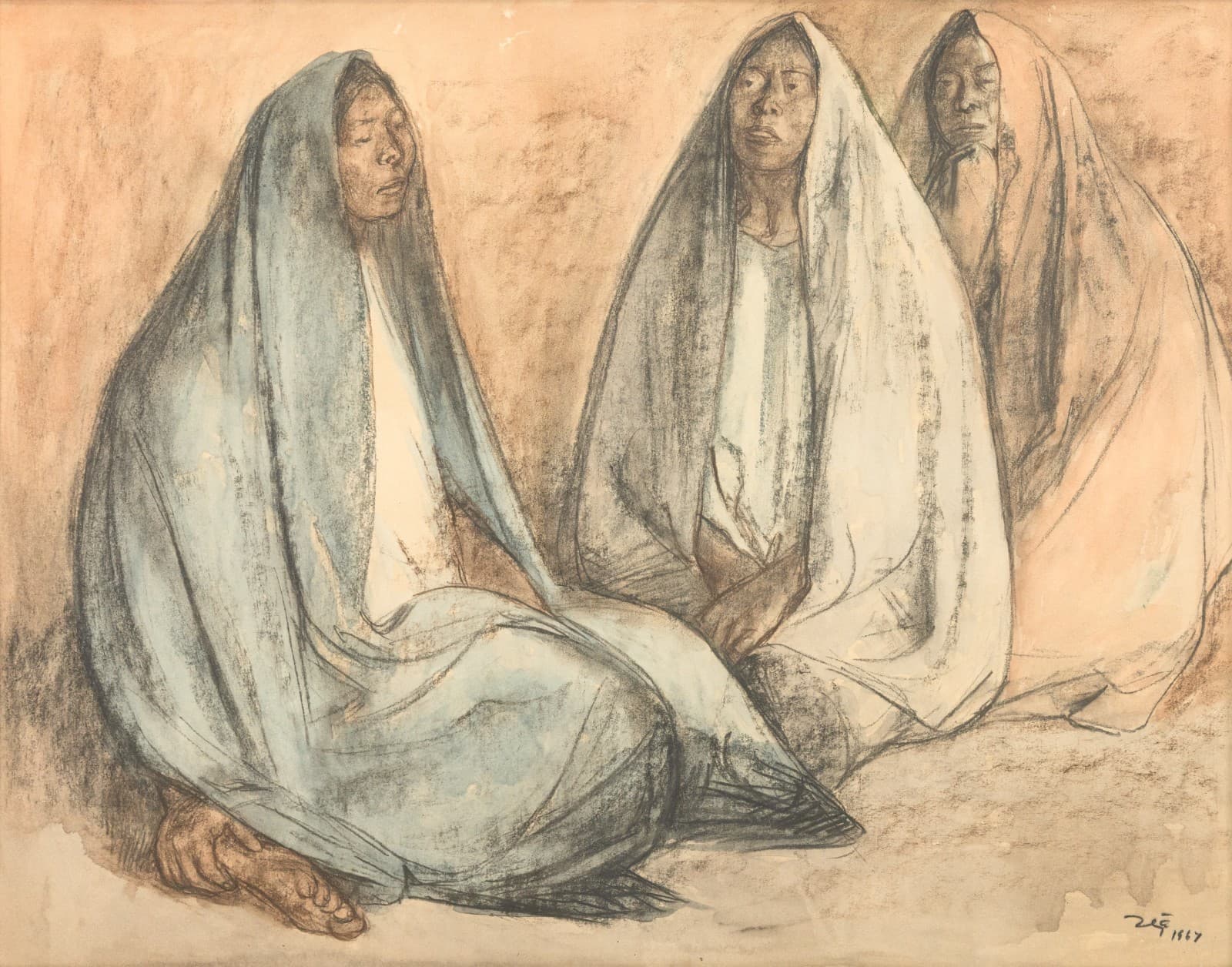 Francisco Zuniga - Untitled (Three Seated Women) Signed Pastel Drawing on Paper - Thumbnail 2