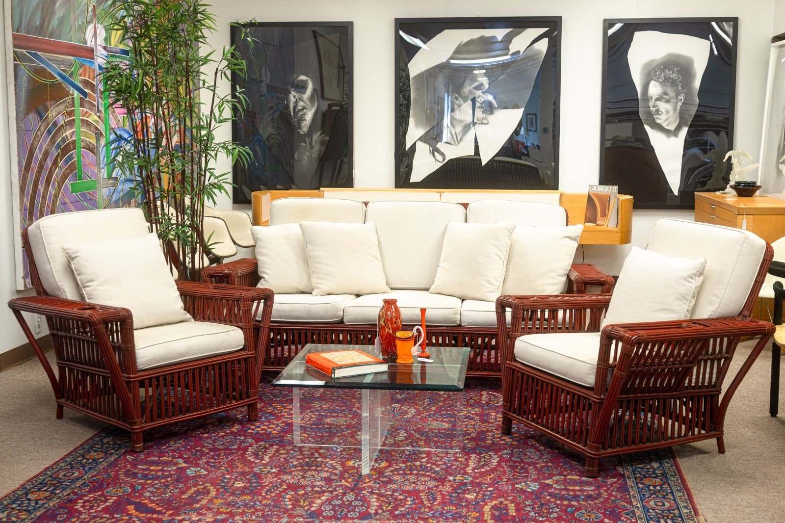 Pair of Vintage Palecek President's Chairs Red Rattan White Cushion Patio Chairs - Thumbnail 2