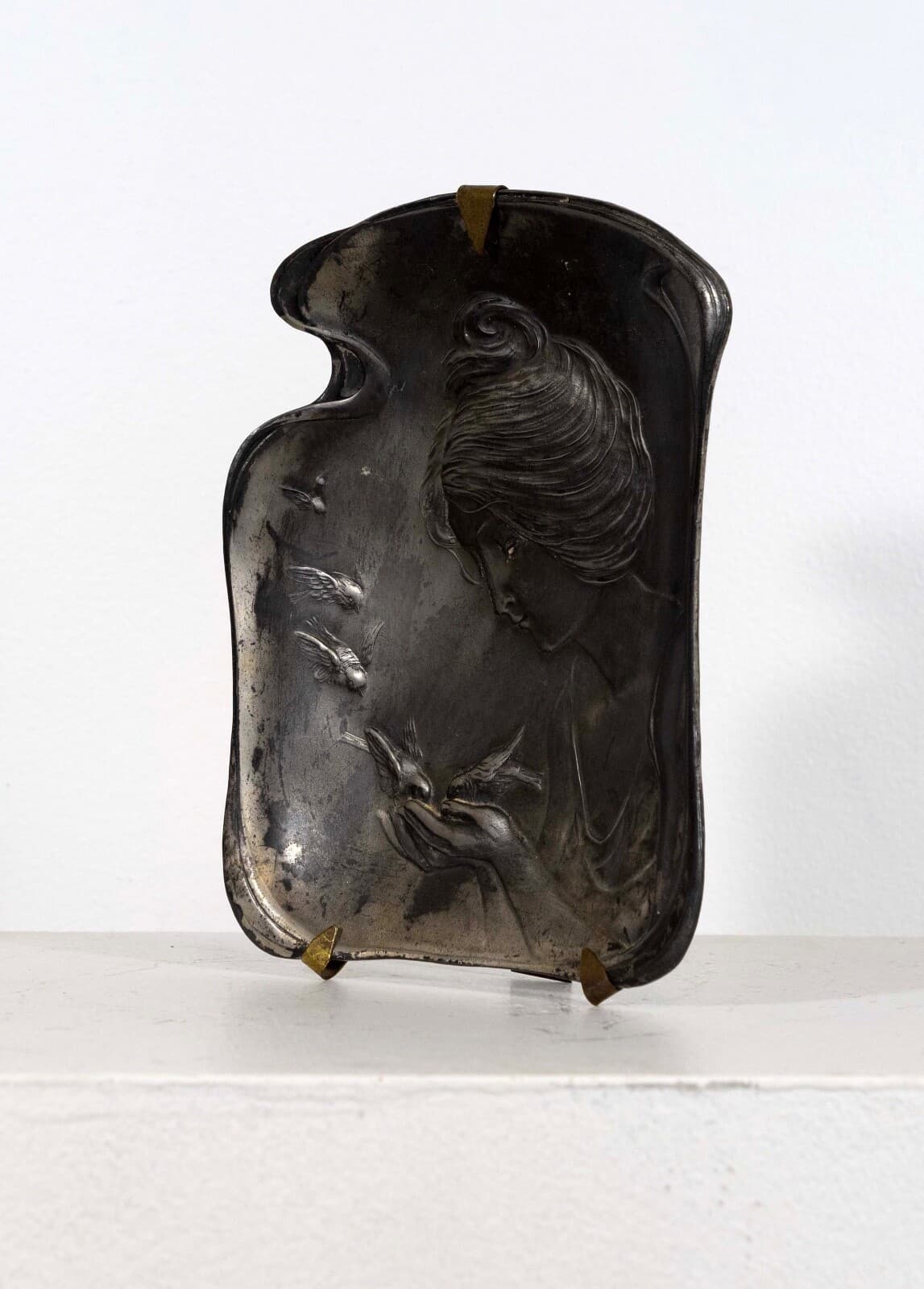 Art Nouveau Deco Antique Silver Plated Tray or Plaque Female Figure with Bird - Thumbnail 2