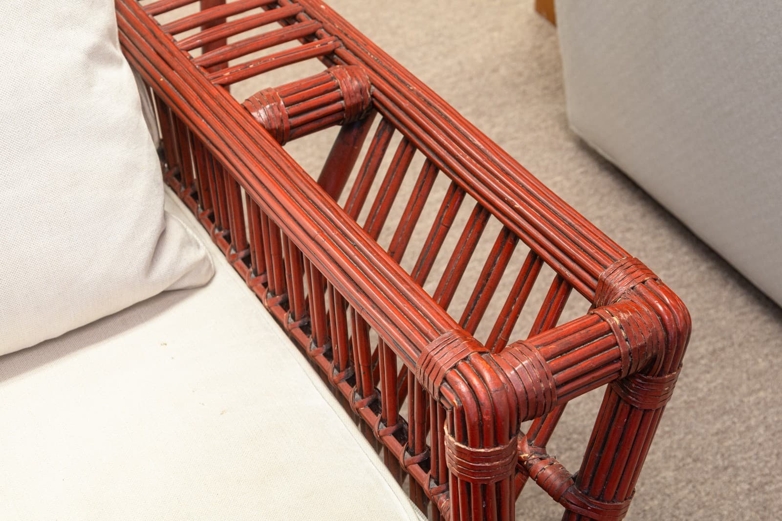Pair of Vintage Palecek President's Chairs Red Rattan White Cushion Patio Chairs - Thumbnail 8