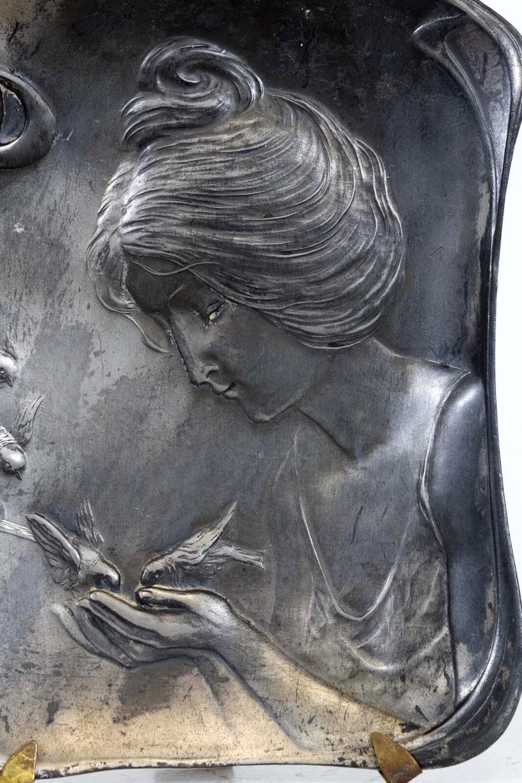 Art Nouveau Deco Antique Silver Plated Tray or Plaque Female Figure with Bird - Thumbnail 5