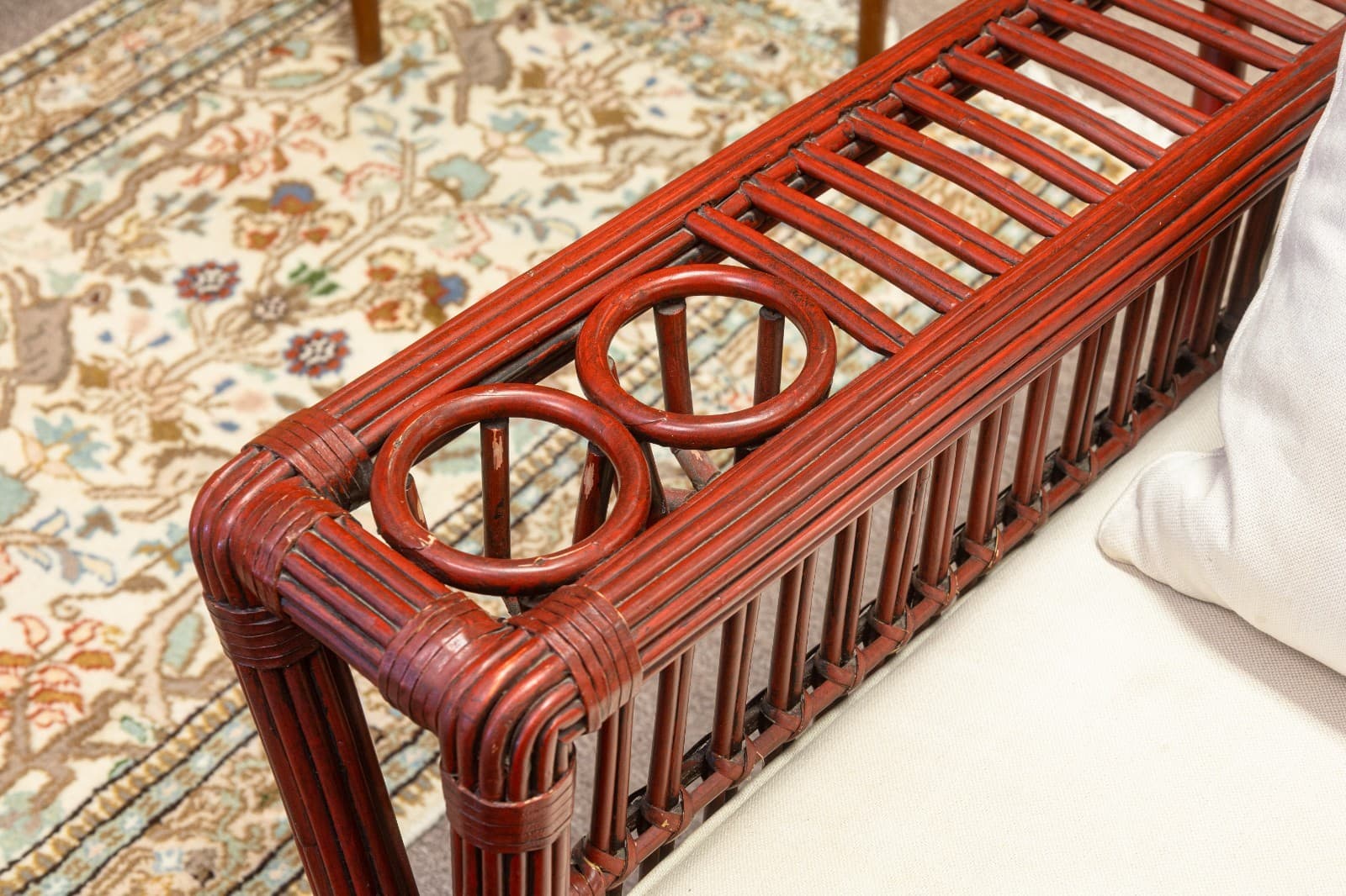 Pair of Vintage Palecek President's Chairs Red Rattan White Cushion Patio Chairs - Thumbnail 7
