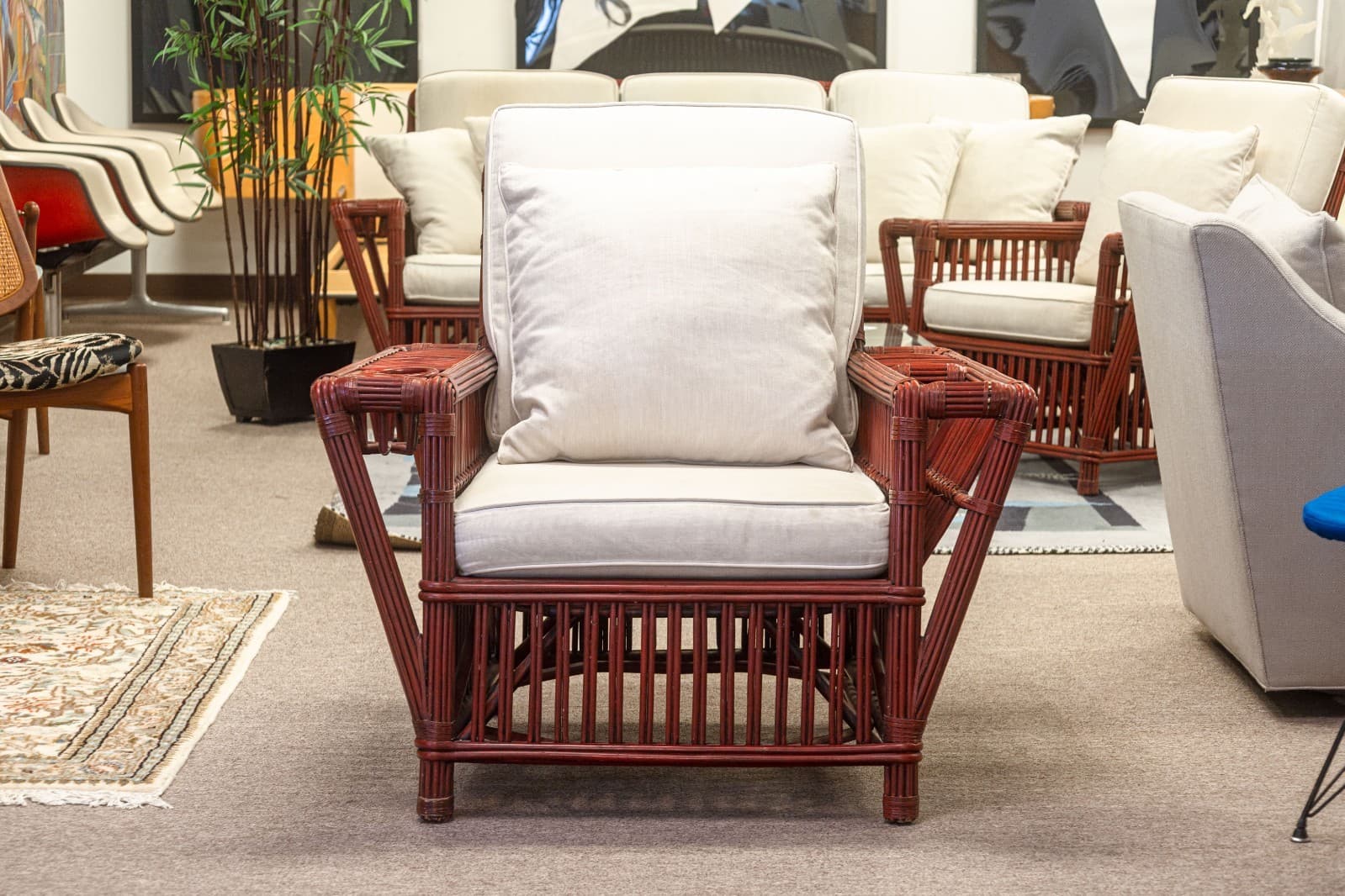 Pair of Vintage Palecek President's Chairs Red Rattan White Cushion Patio Chairs - Thumbnail 3