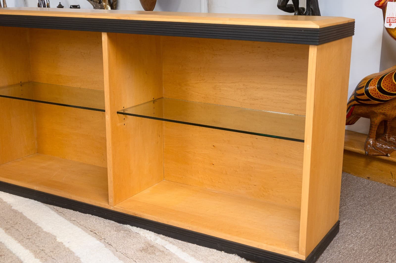 Vintage Postmodern 2 Tier Glass Shelf Blonde Wood Display Cabinet - Thumbnail 5