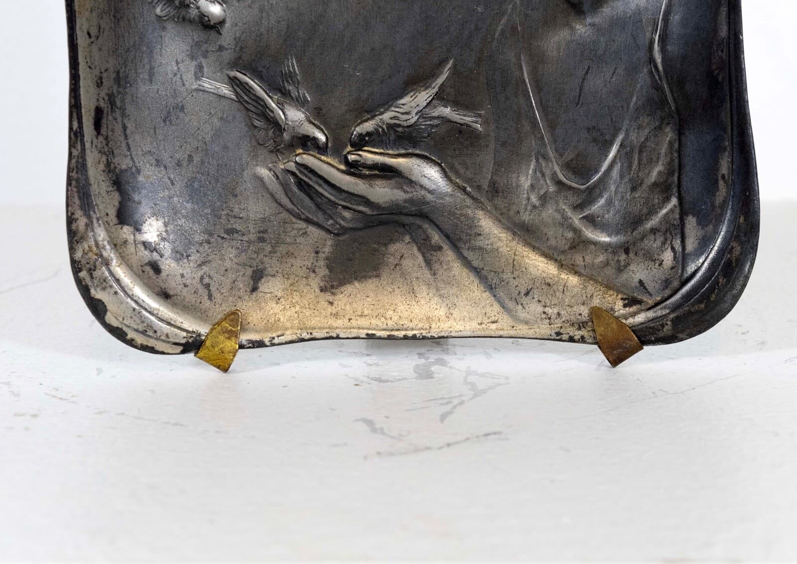 Art Nouveau Deco Antique Silver Plated Tray or Plaque Female Figure with Bird - Thumbnail 7